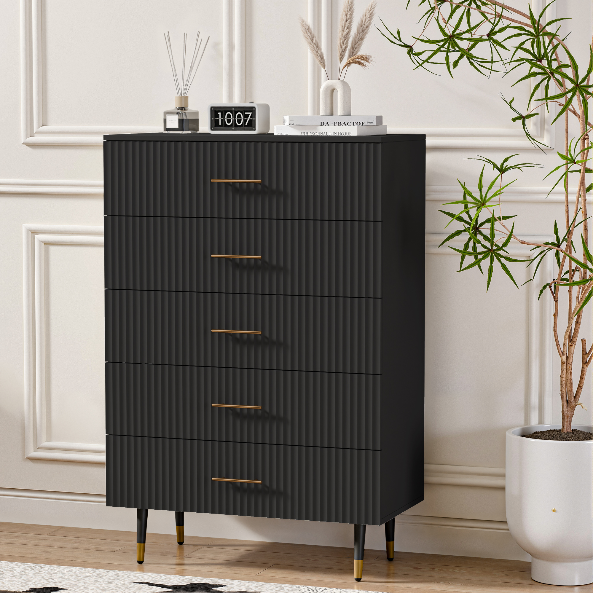 Dresser for Bedroom with 5 Drawers, Black Chest of Drawers with Handle for Bedroom, Hallway 31.5 x 15.7 x 47.2 Inch