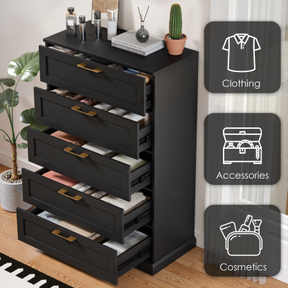 5 Drawer Dresser, 47" Tall Dressers for Bedroom with Anti-Tip Device, Black Dresser Modern Storage Closet with Handle for Hallway,Entryway