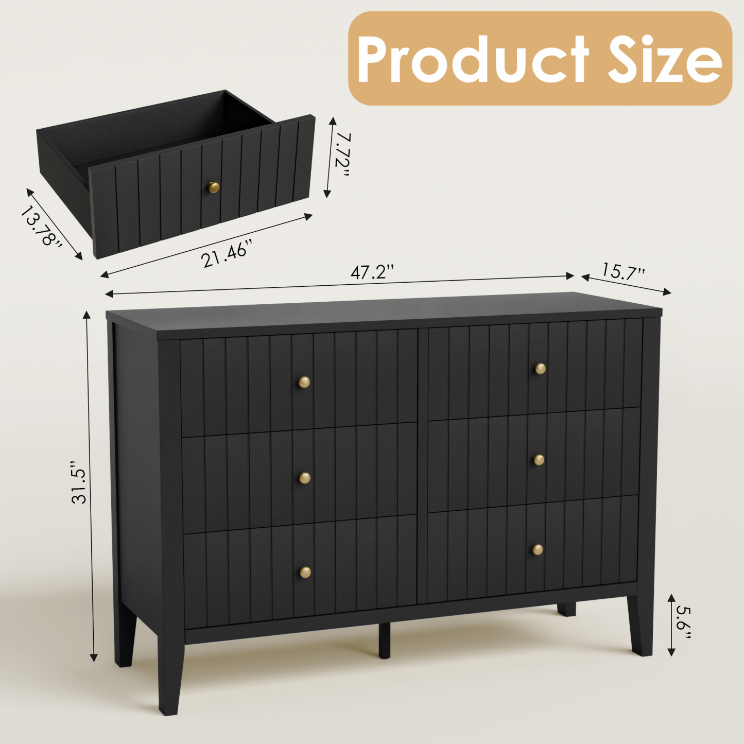 47" Dresser for Bedroom with Handle, Black Farmhouse 6 Drawer Dresser with Anti‑tip for Bedroom, Hallway