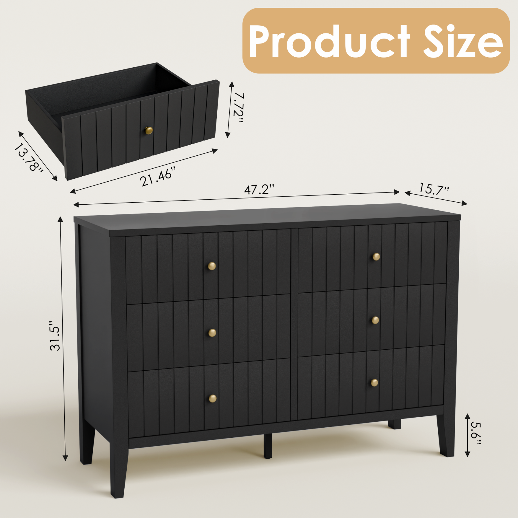 47" Dresser for Bedroom with Handle, Black Farmhouse 6 Drawer Dresser with Anti‑tip for Bedroom, Hallway