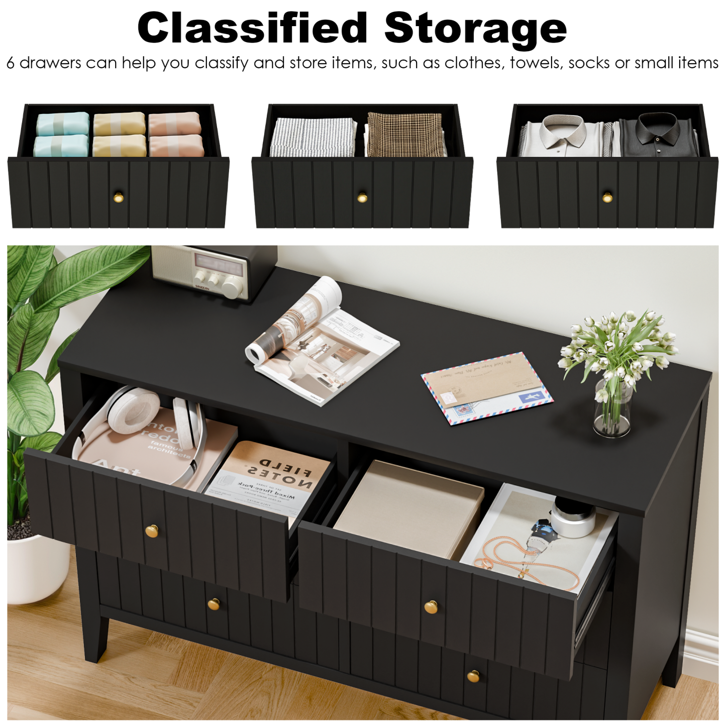 47" Dresser for Bedroom with Handle, Black Farmhouse 6 Drawer Dresser with Anti‑tip for Bedroom, Hallway