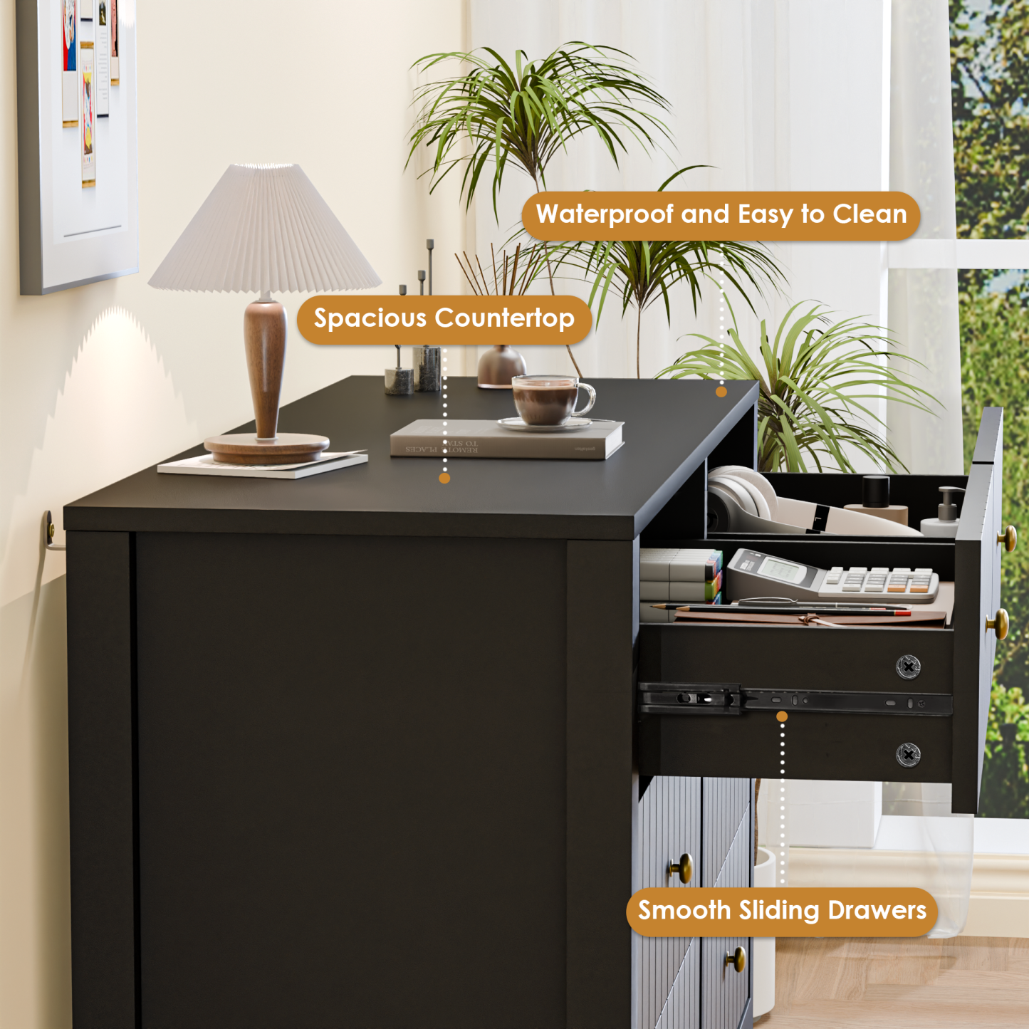 47" Dresser for Bedroom with Handle, Black Farmhouse 6 Drawer Dresser with Anti‑tip for Bedroom, Hallway