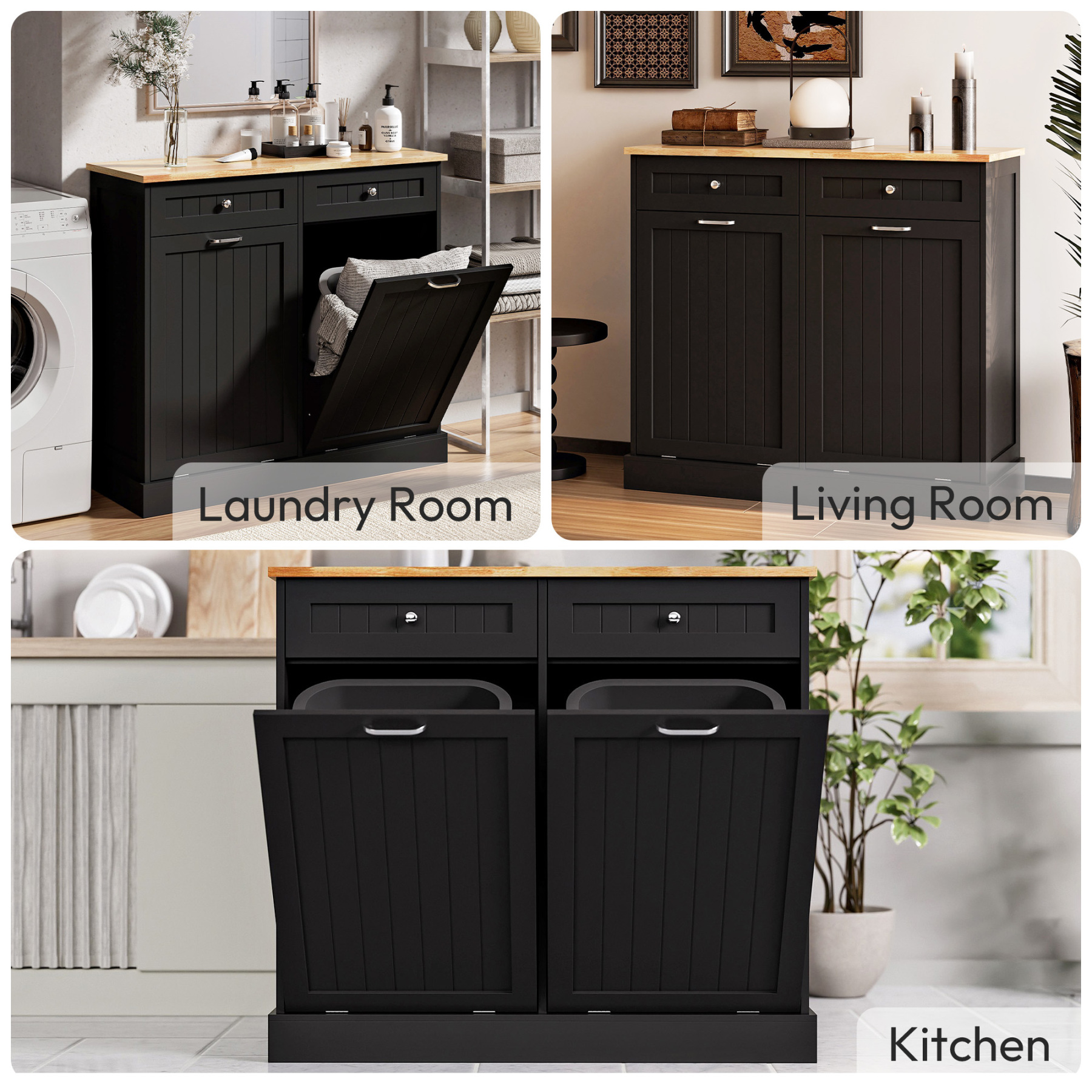 Double Tilt Out Trash Can Cabinet, 20 Gallon Free Standing Hidden Garbage Bin with Drawers, Laundry Sorter for Kitchen, Dining Room, Bathroom