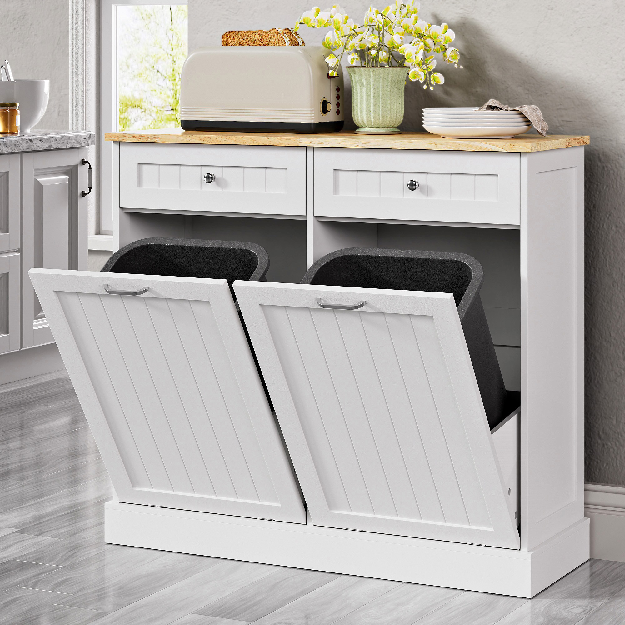 Double Tilt Out Trash Can Cabinet, 20 Gallon Free Standing Hidden Garbage Bin with Drawers, Laundry Sorter for Kitchen, Dining Room, Bathroom