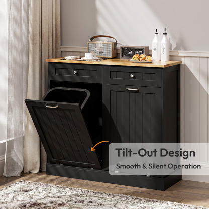 Double Tilt Out Trash Can Cabinet, 20 Gallon Free Standing Hidden Garbage Bin with Drawers, Laundry Sorter for Kitchen, Dining Room, Bathroom