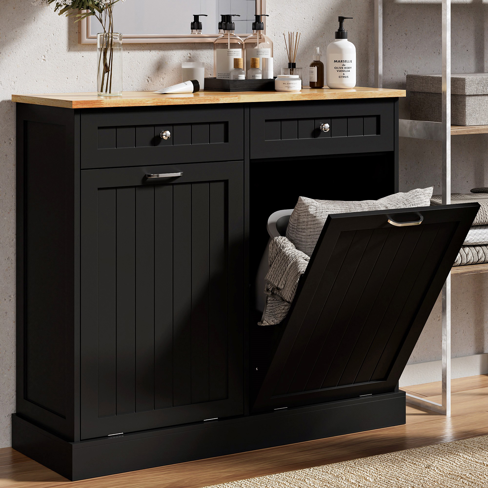 Double Tilt Out Trash Can Cabinet, 20 Gallon Free Standing Hidden Garbage Bin with Drawers, Laundry Sorter for Kitchen, Dining Room, Bathroom