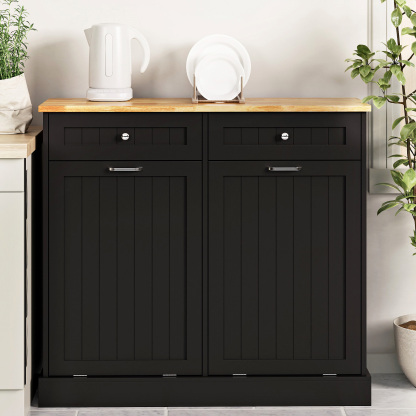 Double Tilt Out Trash Can Cabinet, 20 Gallon Free Standing Hidden Garbage Bin with Drawers, Laundry Sorter for Kitchen, Dining Room, Bathroom