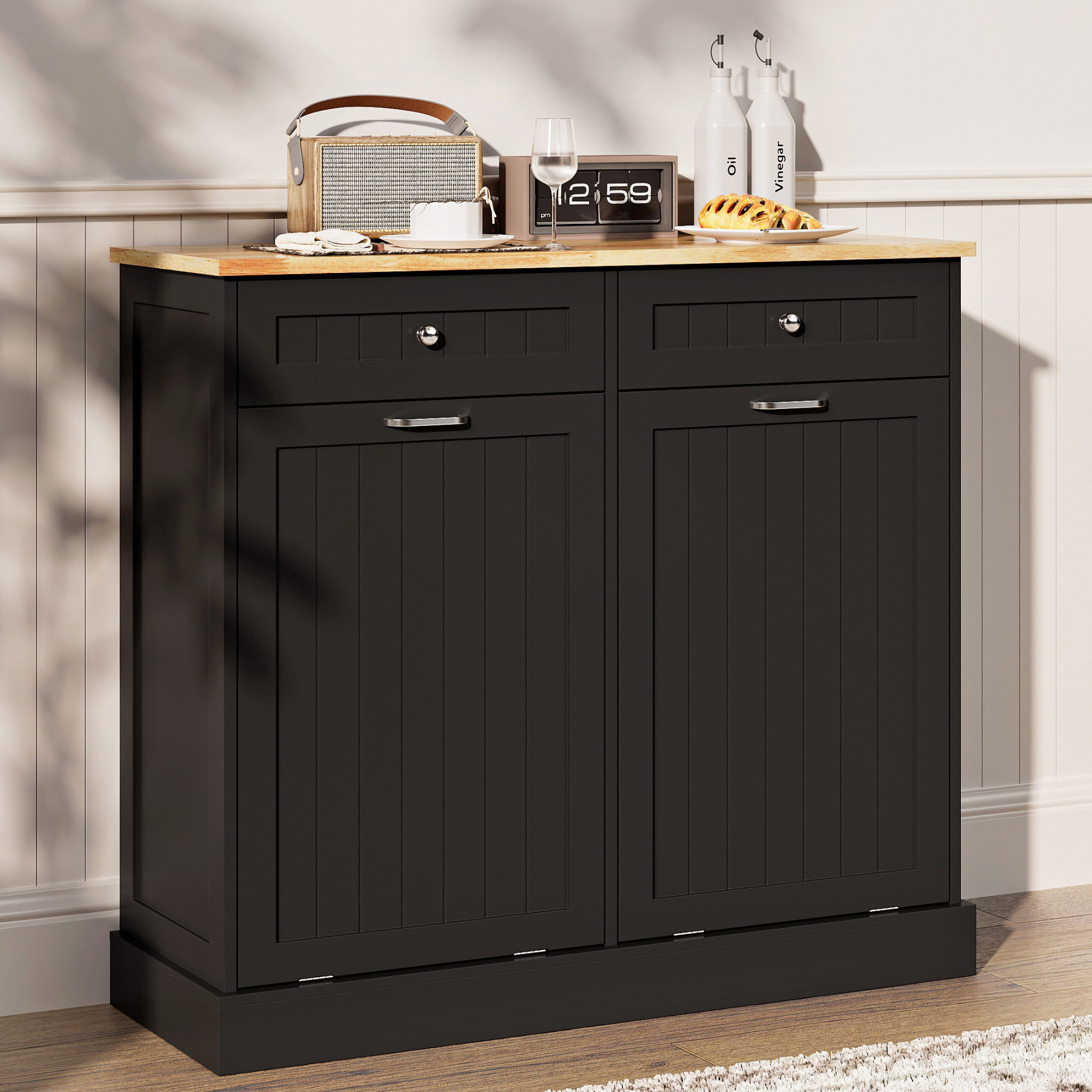 Double Tilt Out Trash Can Cabinet, 20 Gallon Free Standing Hidden Garbage Bin with Drawers, Laundry Sorter for Kitchen, Dining Room, Bathroom