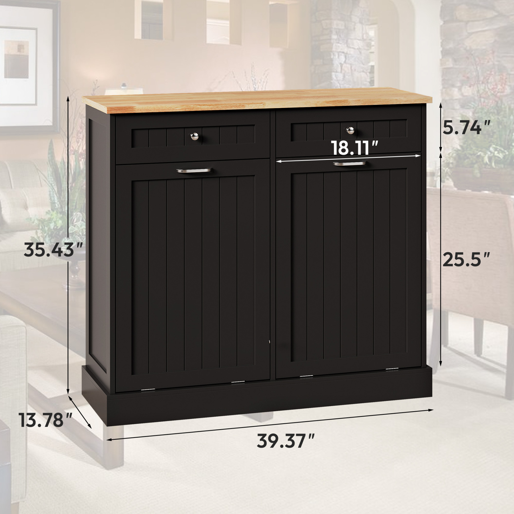 Double Tilt Out Trash Can Cabinet, 20 Gallon Free Standing Hidden Garbage Bin with Drawers, Laundry Sorter for Kitchen, Dining Room, Bathroom