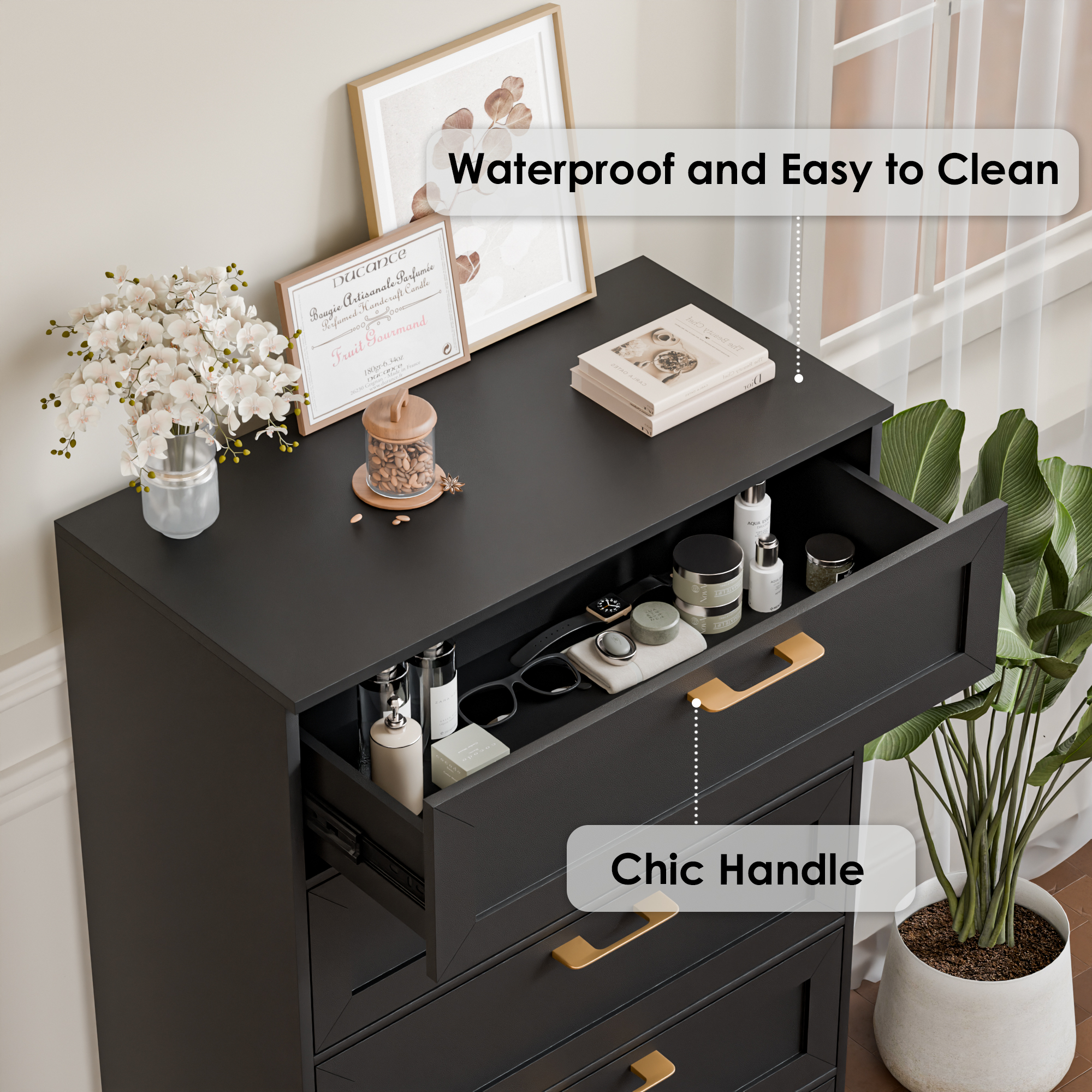 5 Drawer Dresser, 47" Tall Dressers for Bedroom with Anti-Tip Device, Black Dresser Modern Storage Closet with Handle for Hallway,Entryway