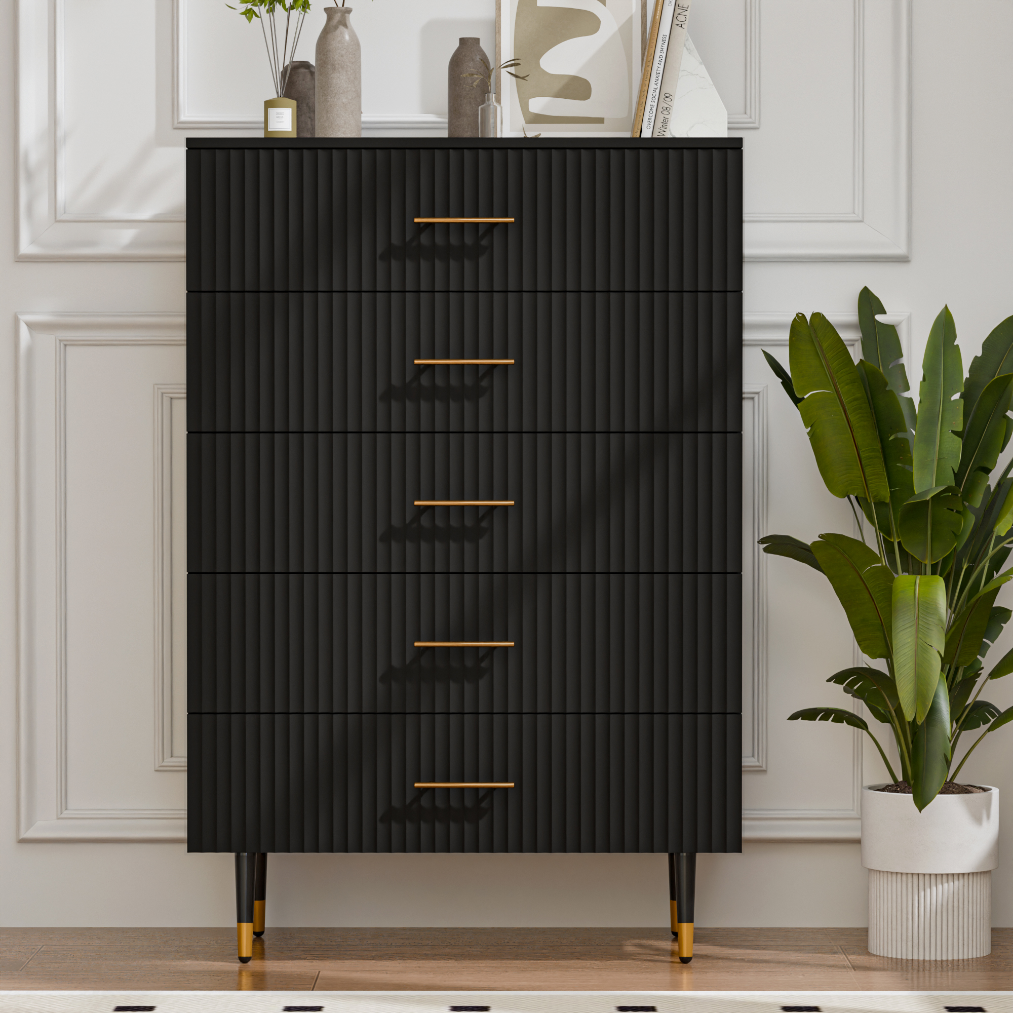Dresser for Bedroom with 5 Drawers, Black Chest of Drawers with Handle for Bedroom, Hallway 31.5 x 15.7 x 47.2 Inch
