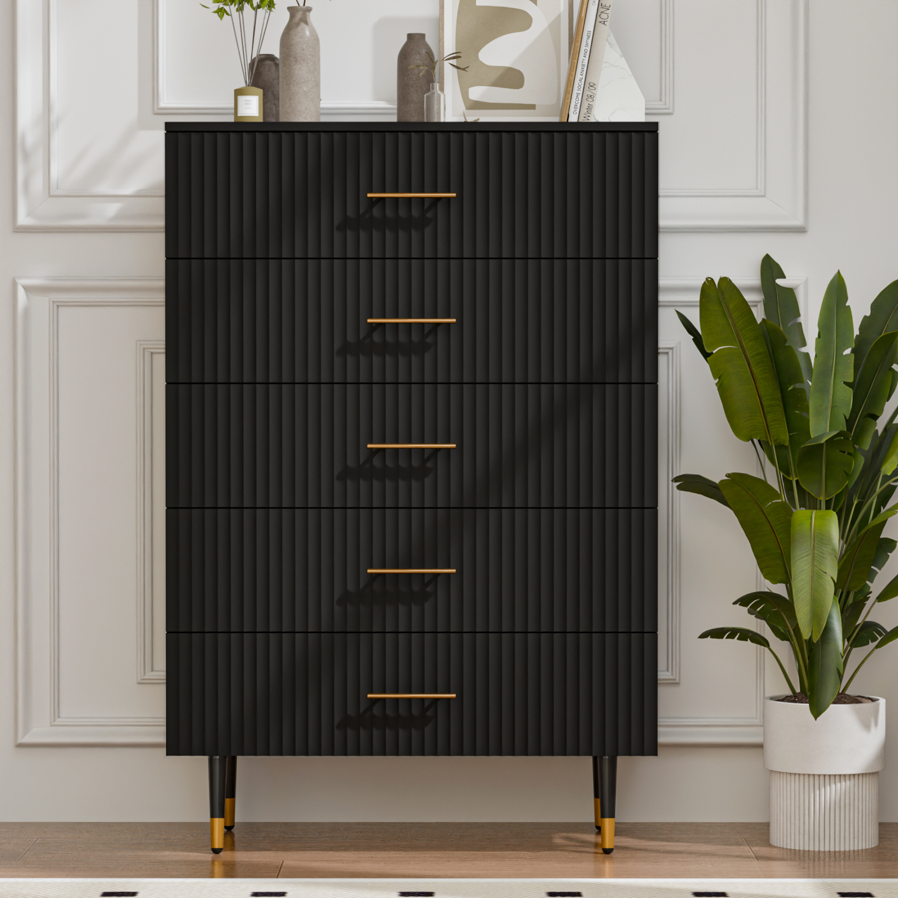 Dresser for Bedroom with 5 Drawers, Black Chest of Drawers with Handle for Bedroom, Hallway 31.5 x 15.7 x 47.2 Inch