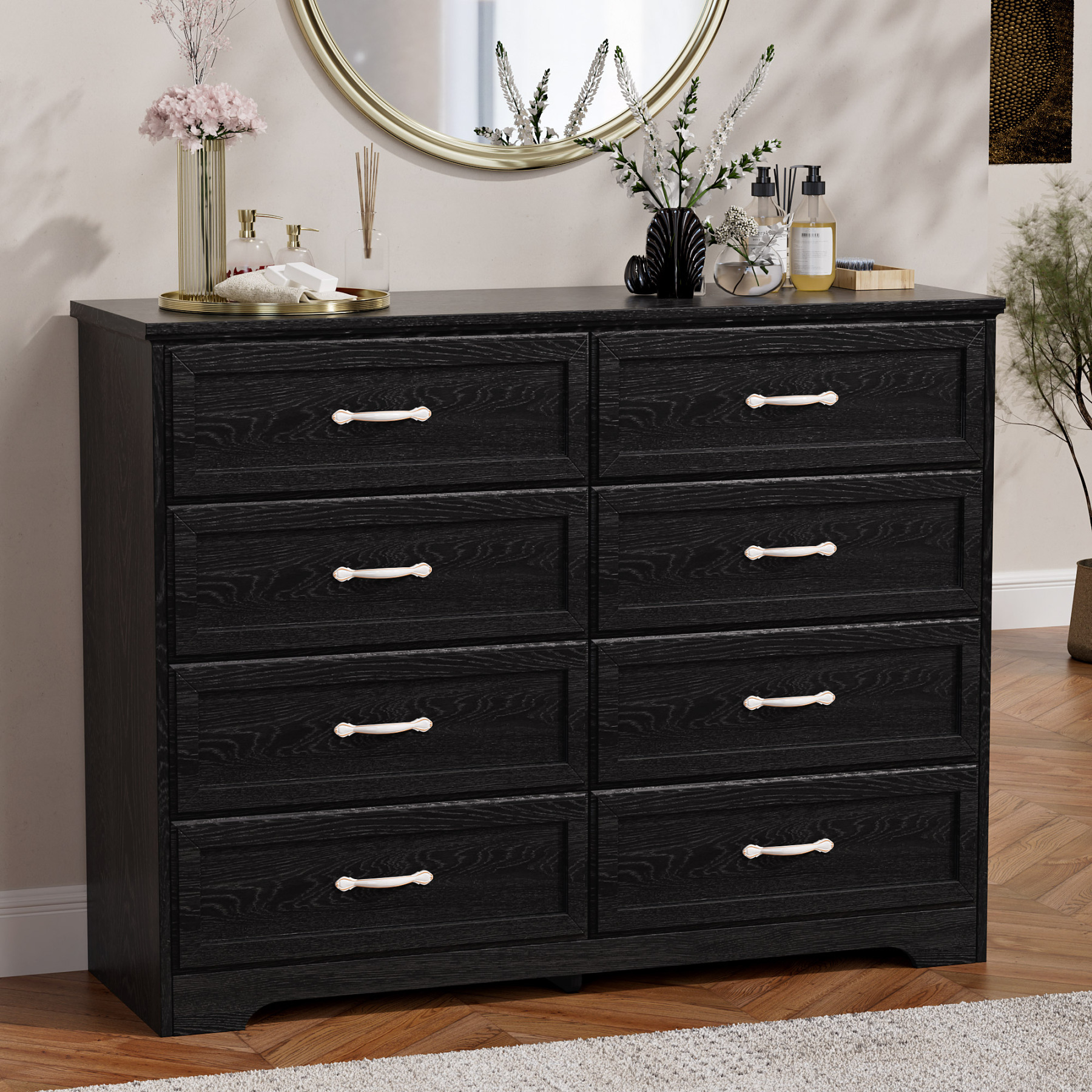 Dresser for Bedroom with 8 Drawers, Modern Chest of Drawers with Aluminium Handle for Living Room Bedroom Hallway, Farmhouse Dresser 47.6 x 15.7 x 36.7 Inch TV Stand Black
