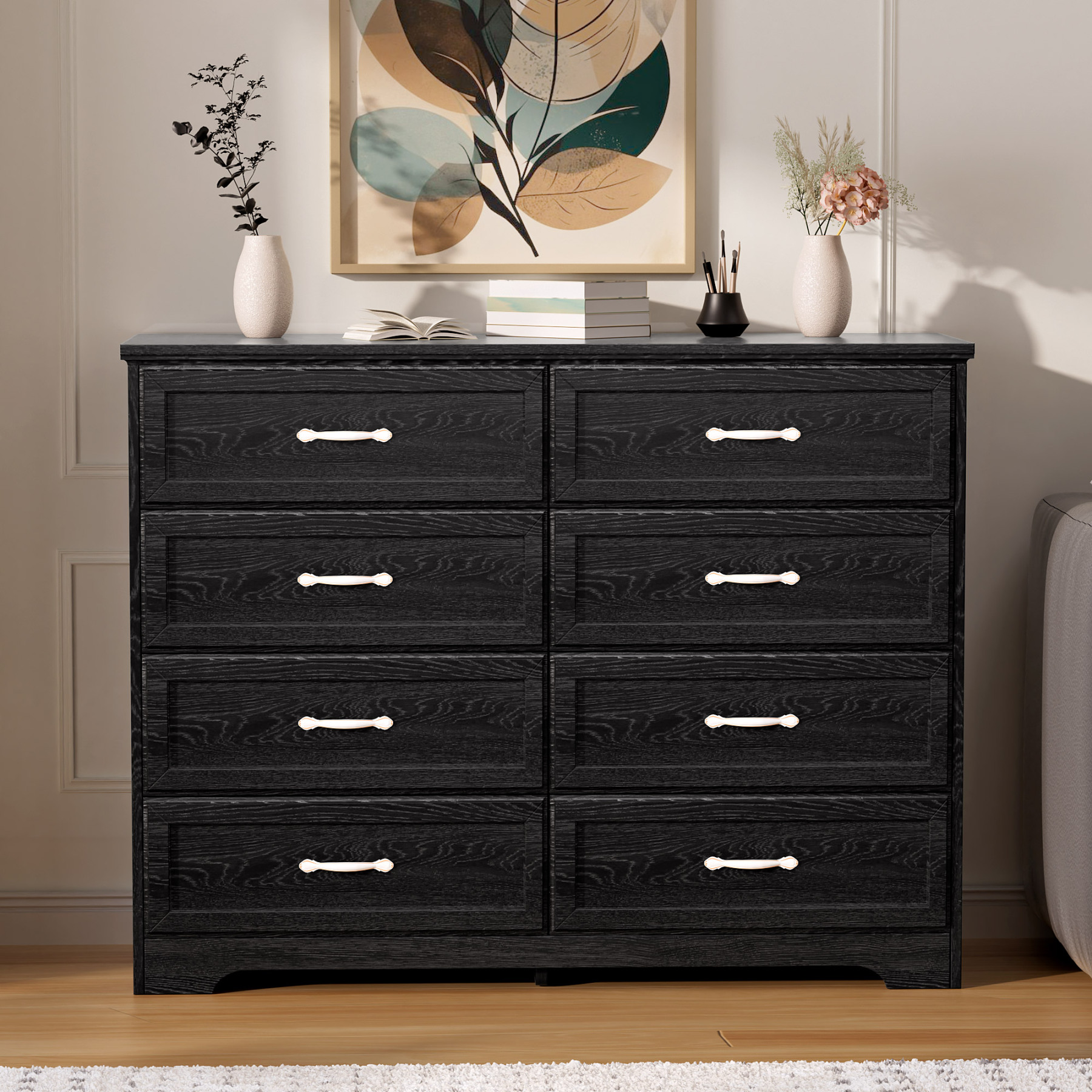 Dresser for Bedroom with 8 Drawers, Modern Chest of Drawers with Aluminium Handle for Living Room Bedroom Hallway, Farmhouse Dresser 47.6 x 15.7 x 36.7 Inch TV Stand Black
