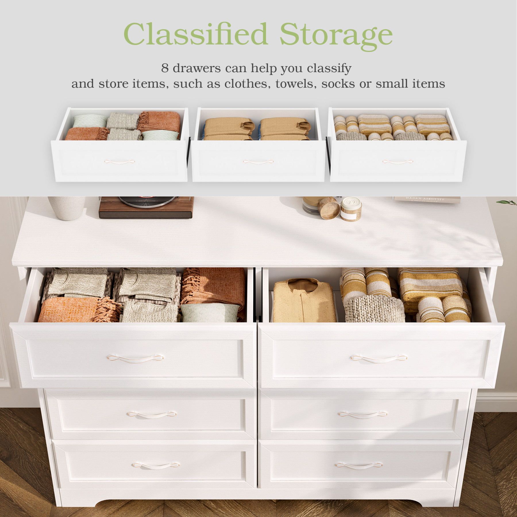 Dresser for Bedroom with 8 Drawers, Modern Chest of Drawers with Aluminium Handle for Living Room Bedroom Hallway, Farmhouse Dresser 47.6 x 15.7 x 36.7 Inch TV Stand Black