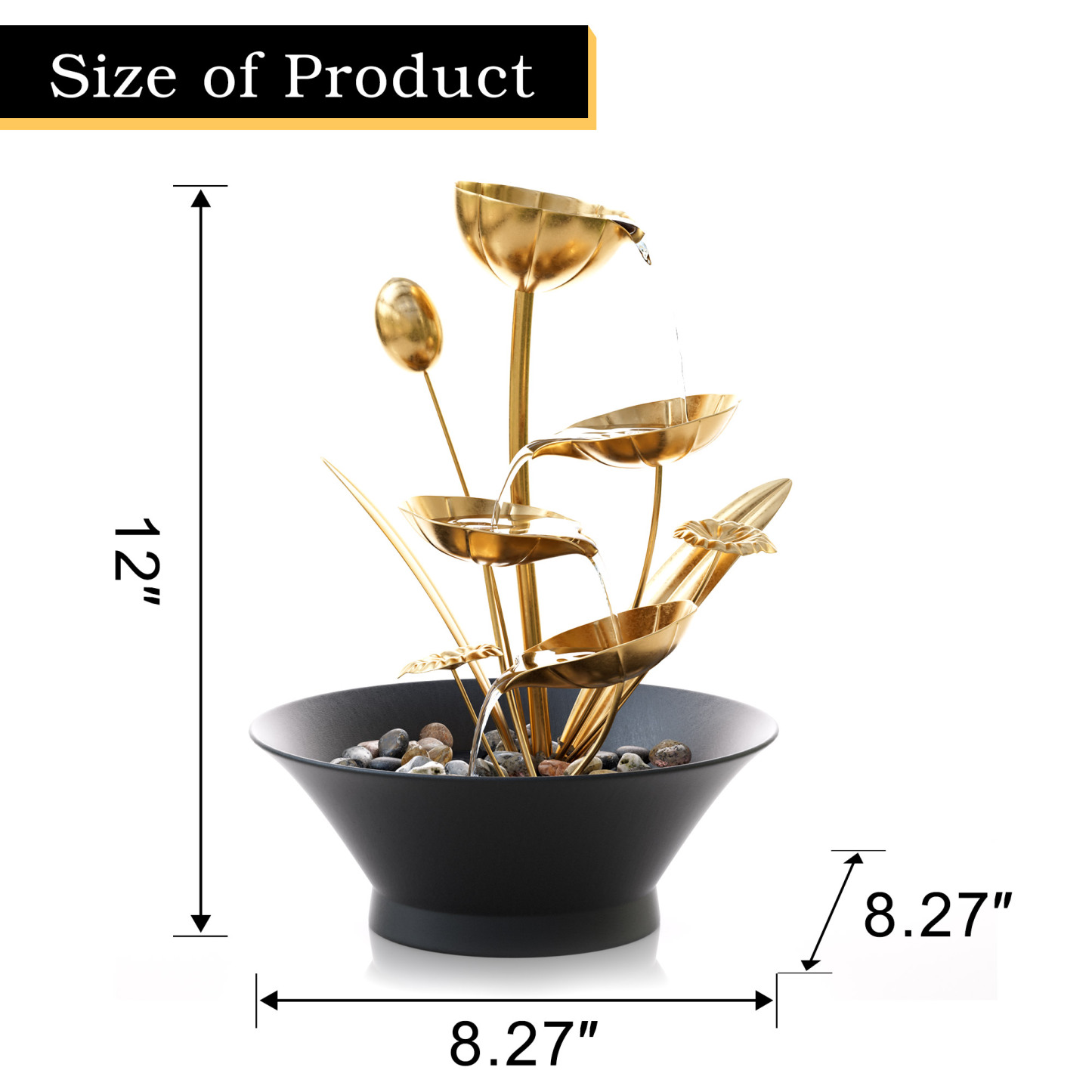 Tabletop Water Fountain, Indoor Waterfall Meditation Fountain with Golden Lotus Modeling & Natural Rocks, Home Decor for Office, Bedroom