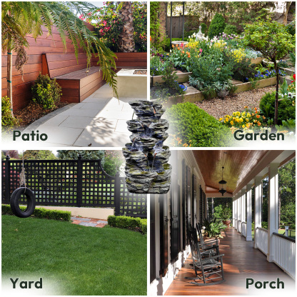 34.3" H Outdoor Water Fountain with LED Lights, 5-Tier Cascading Rock Waterfall for Yard, Garden, Patio, Outdoor Decor Water Features