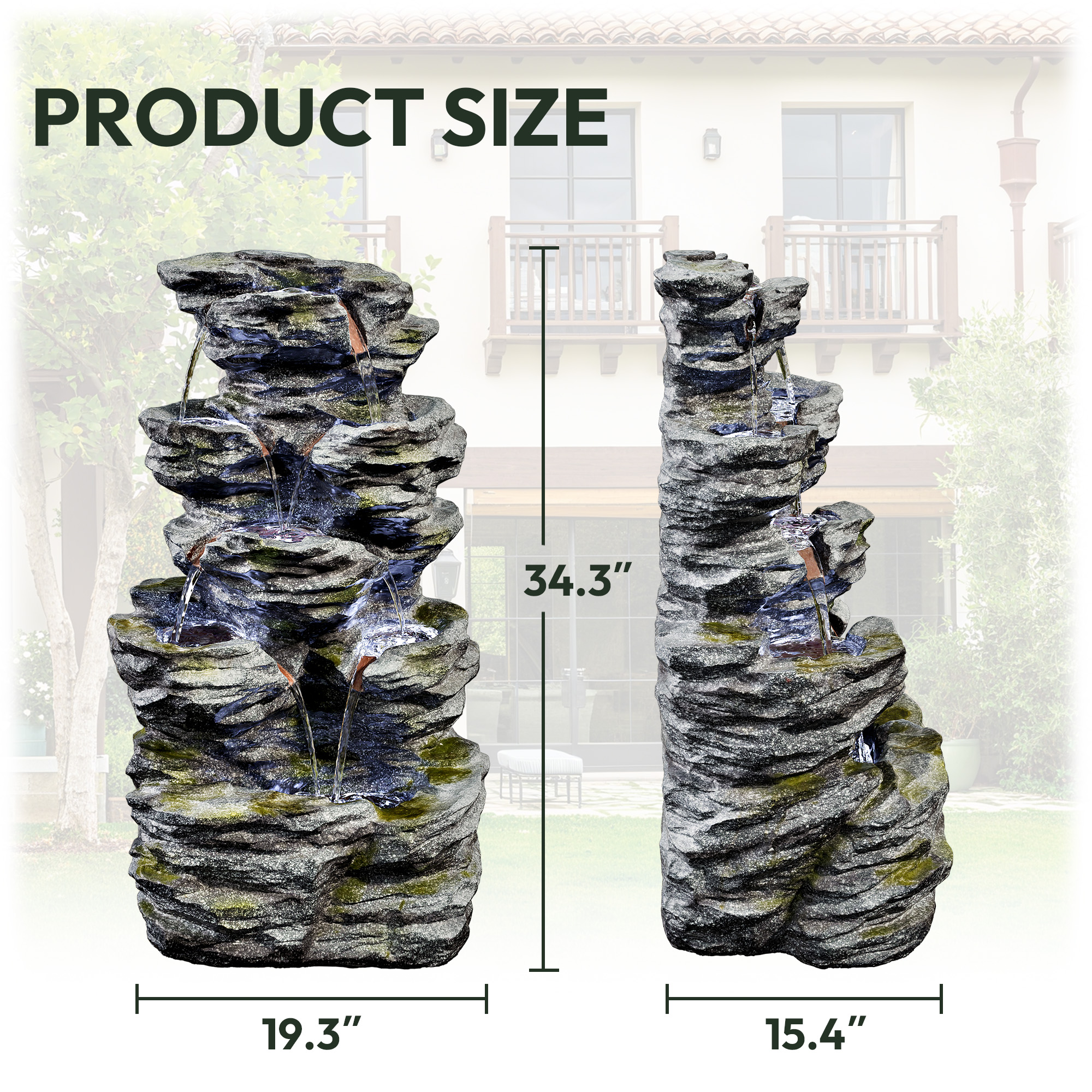 34.3" H Outdoor Water Fountain with LED Lights, 5-Tier Cascading Rock Waterfall for Yard, Garden, Patio, Outdoor Decor Water Features