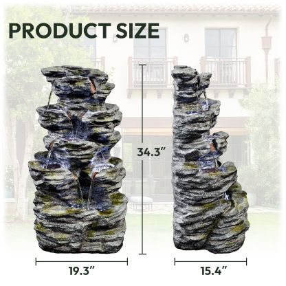34.3" H Outdoor Water Fountain with LED Lights, 5-Tier Cascading Rock Waterfall for Yard, Garden, Patio, Outdoor Decor Water Features