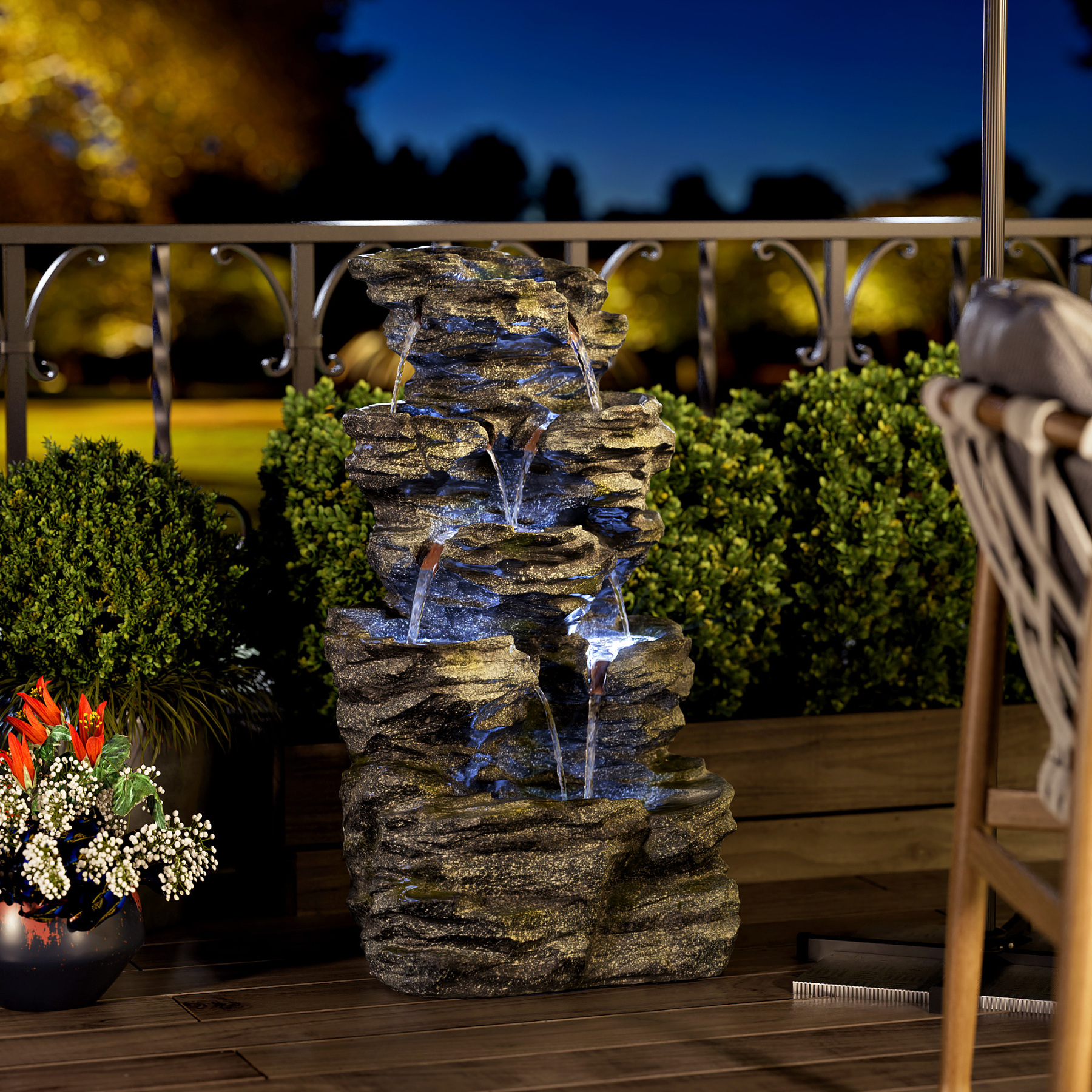34.3" H Outdoor Water Fountain with LED Lights, 5-Tier Cascading Rock Waterfall for Yard, Garden, Patio, Outdoor Decor Water Features