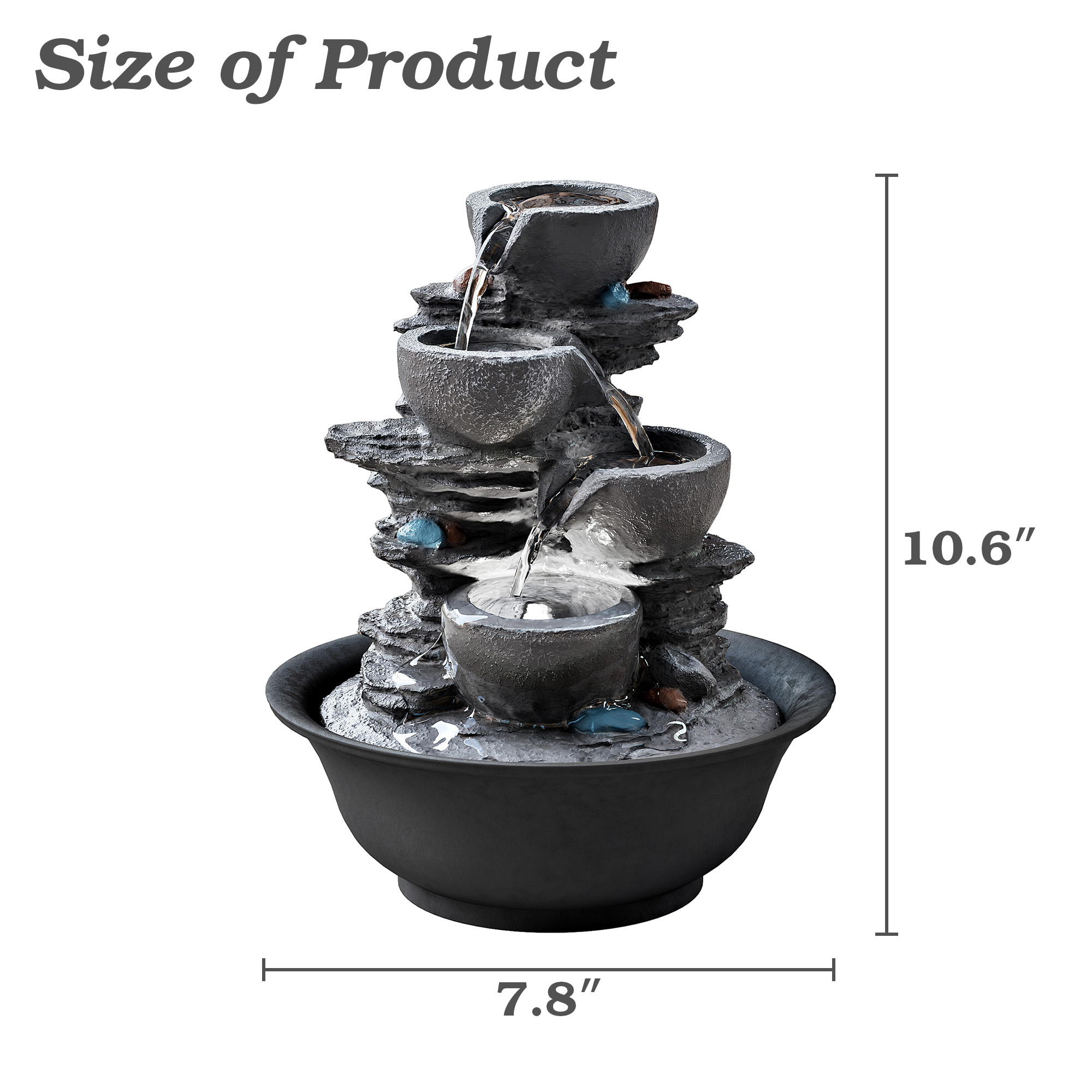 10.6inch Tabletop Fountain, Indoor Waterfall Fountains with LED Light, Realistic Rock Design for Soothing Ambiance in Bedrooms, Living Rooms, Offices, or Meditation Spaces