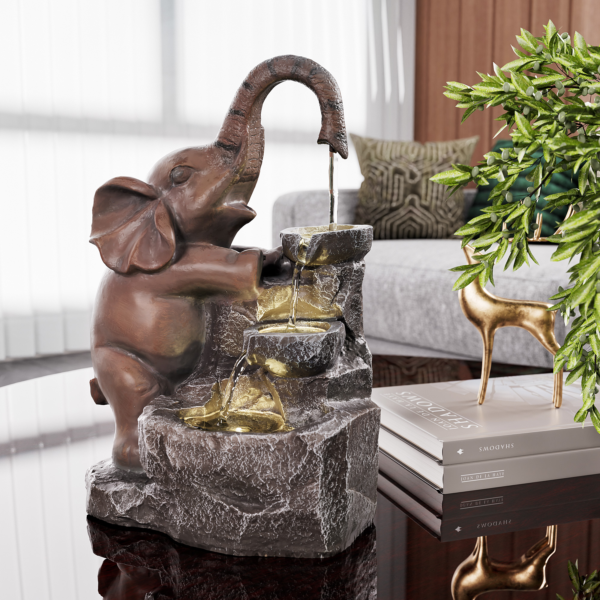 Indoor Water Fountain, Desktop Water Feature of Elephant Sculpture, Cascading Animal Floor Standing Water Fountains for Home Office Yard Deck Patio Home Art Decor