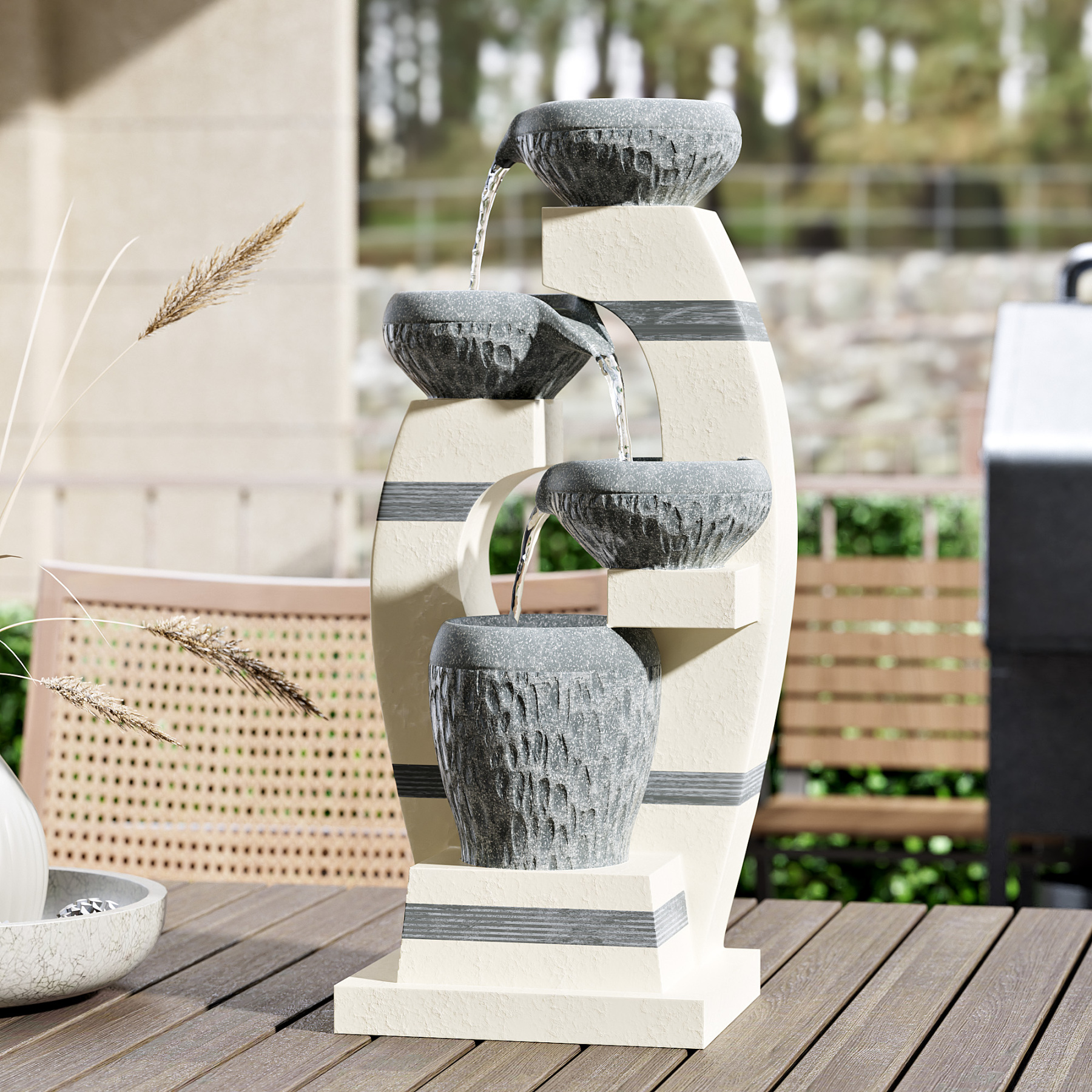 Water Fountains, Outdoor Floor-Standing Garden Waterfall Fountain, 4-Tiered Cascading Resin Fountain for Home Office Patio Yard Decor, Blue and White, 10.1" Lx8.7 Wx21.7 H