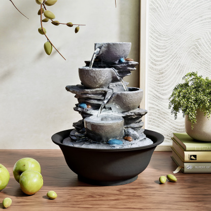 10.6inch Tabletop Fountain, Indoor Waterfall Fountains with LED Light, Realistic Rock Design for Soothing Ambiance in Bedrooms, Living Rooms, Offices, or Meditation Spaces