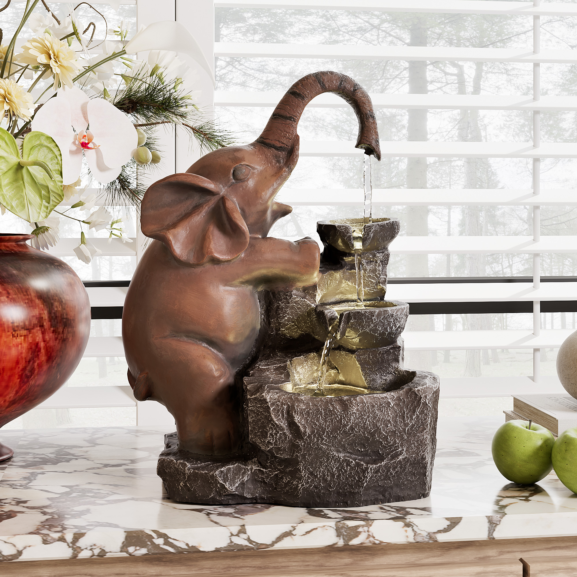 Indoor Water Fountain, Desktop Water Feature of Elephant Sculpture, Cascading Animal Floor Standing Water Fountains for Home Office Yard Deck Patio Home Art Decor