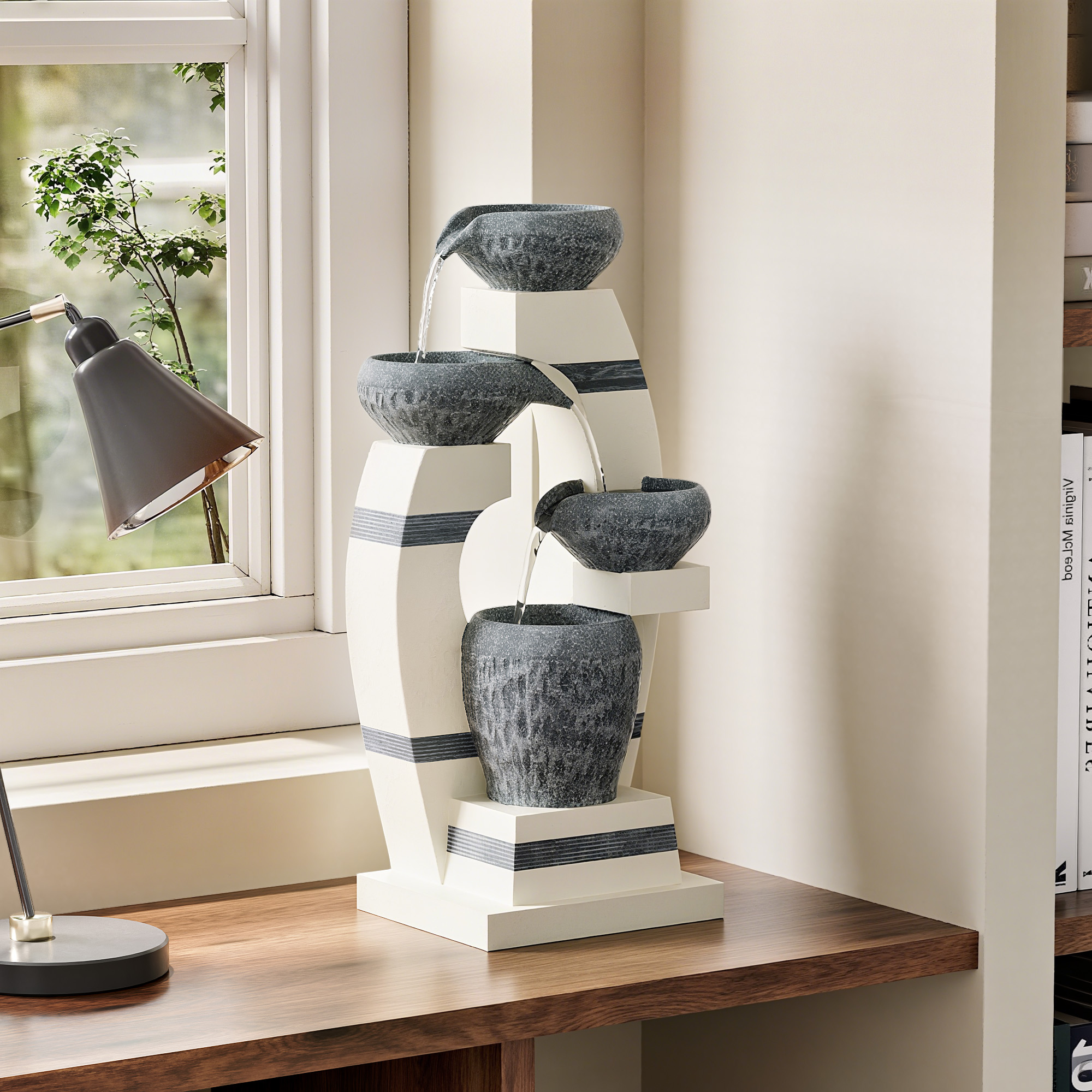 Water Fountains, Outdoor Floor-Standing Garden Waterfall Fountain, 4-Tiered Cascading Resin Fountain for Home Office Patio Yard Decor, Blue and White, 10.1" Lx8.7 Wx21.7 H