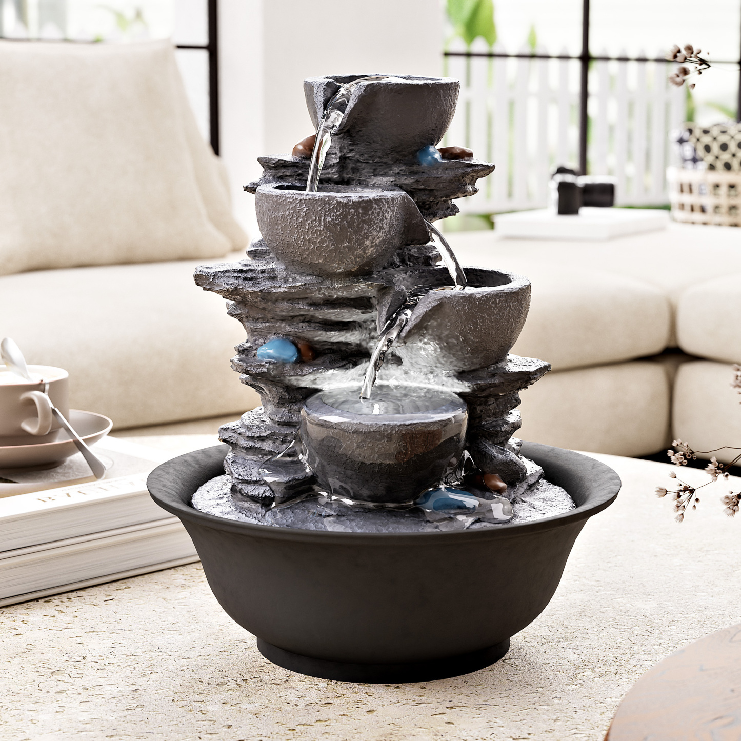 10.6inch Tabletop Fountain, Indoor Waterfall Fountains with LED Light, Realistic Rock Design for Soothing Ambiance in Bedrooms, Living Rooms, Offices, or Meditation Spaces