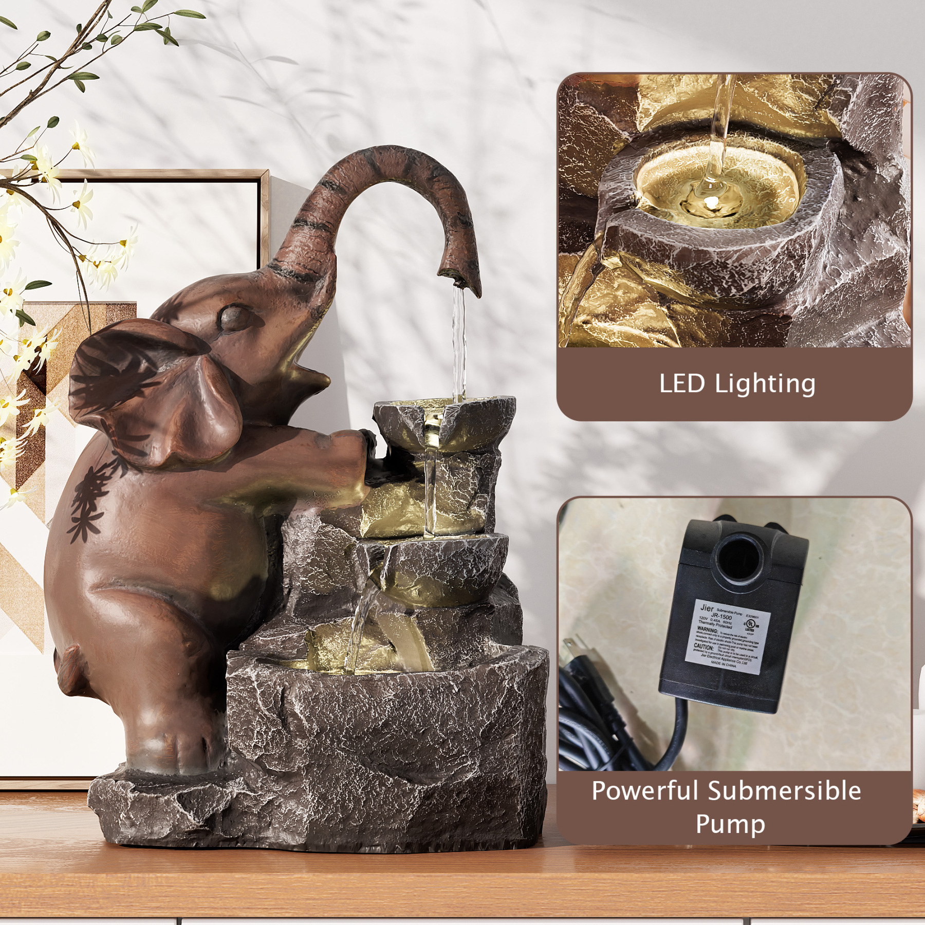 Indoor Water Fountain, Desktop Water Feature of Elephant Sculpture, Cascading Animal Floor Standing Water Fountains for Home Office Yard Deck Patio Home Art Decor