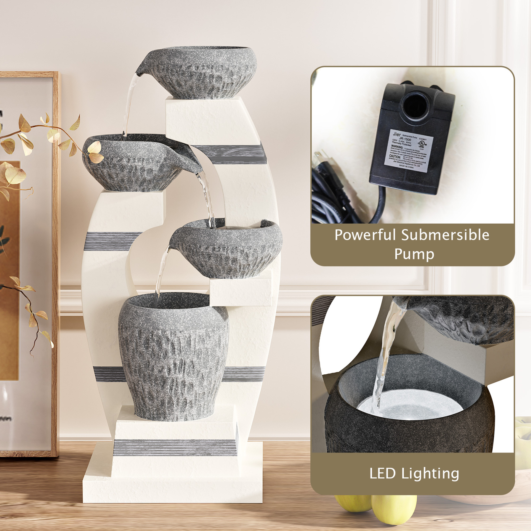 Water Fountains, Outdoor Floor-Standing Garden Waterfall Fountain, 4-Tiered Cascading Resin Fountain for Home Office Patio Yard Decor, Blue and White, 10.1" Lx8.7 Wx21.7 H