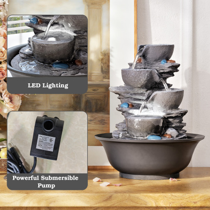 10.6inch Tabletop Fountain, Indoor Waterfall Fountains with LED Light, Realistic Rock Design for Soothing Ambiance in Bedrooms, Living Rooms, Offices, or Meditation Spaces