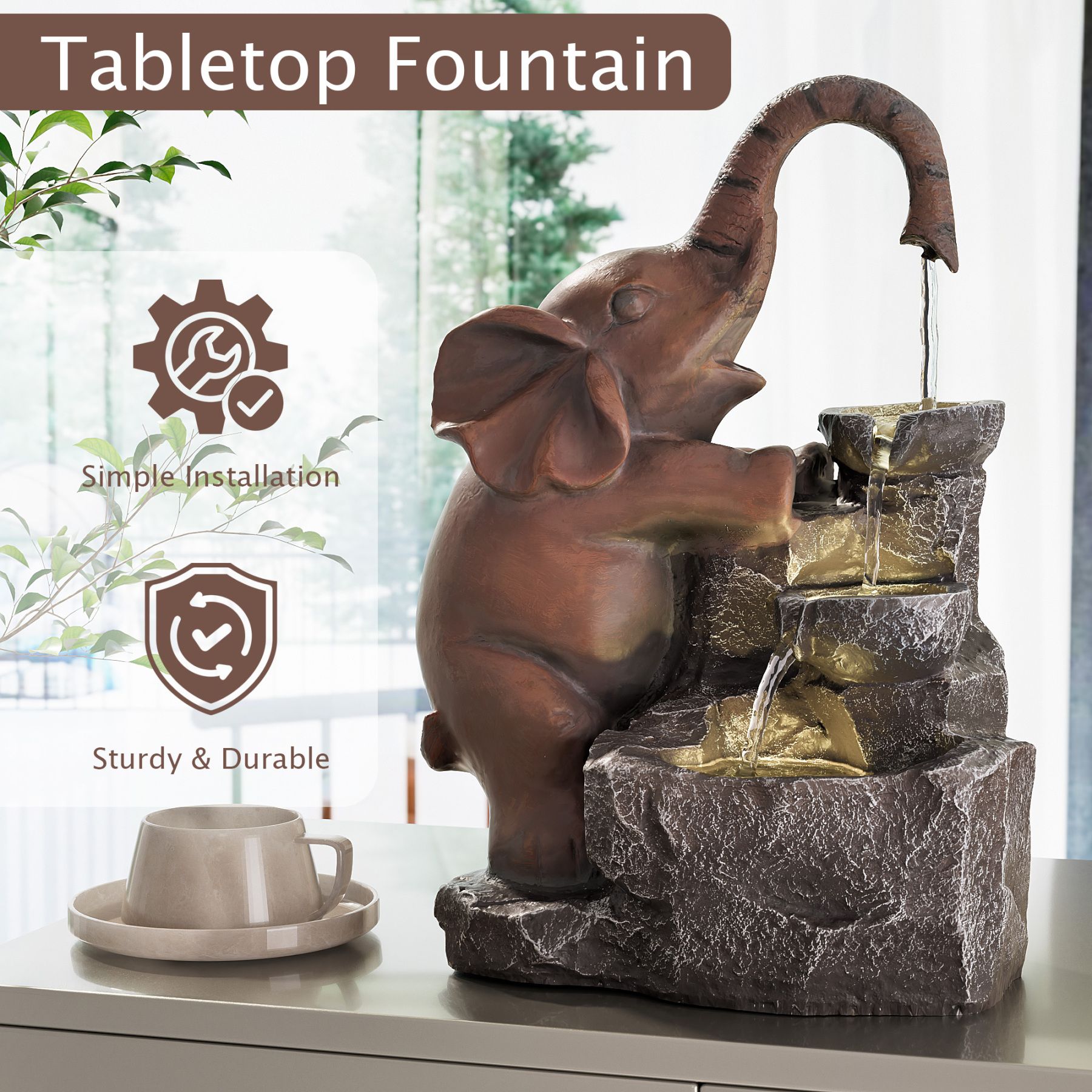 Indoor Water Fountain, Desktop Water Feature of Elephant Sculpture, Cascading Animal Floor Standing Water Fountains for Home Office Yard Deck Patio Home Art Decor