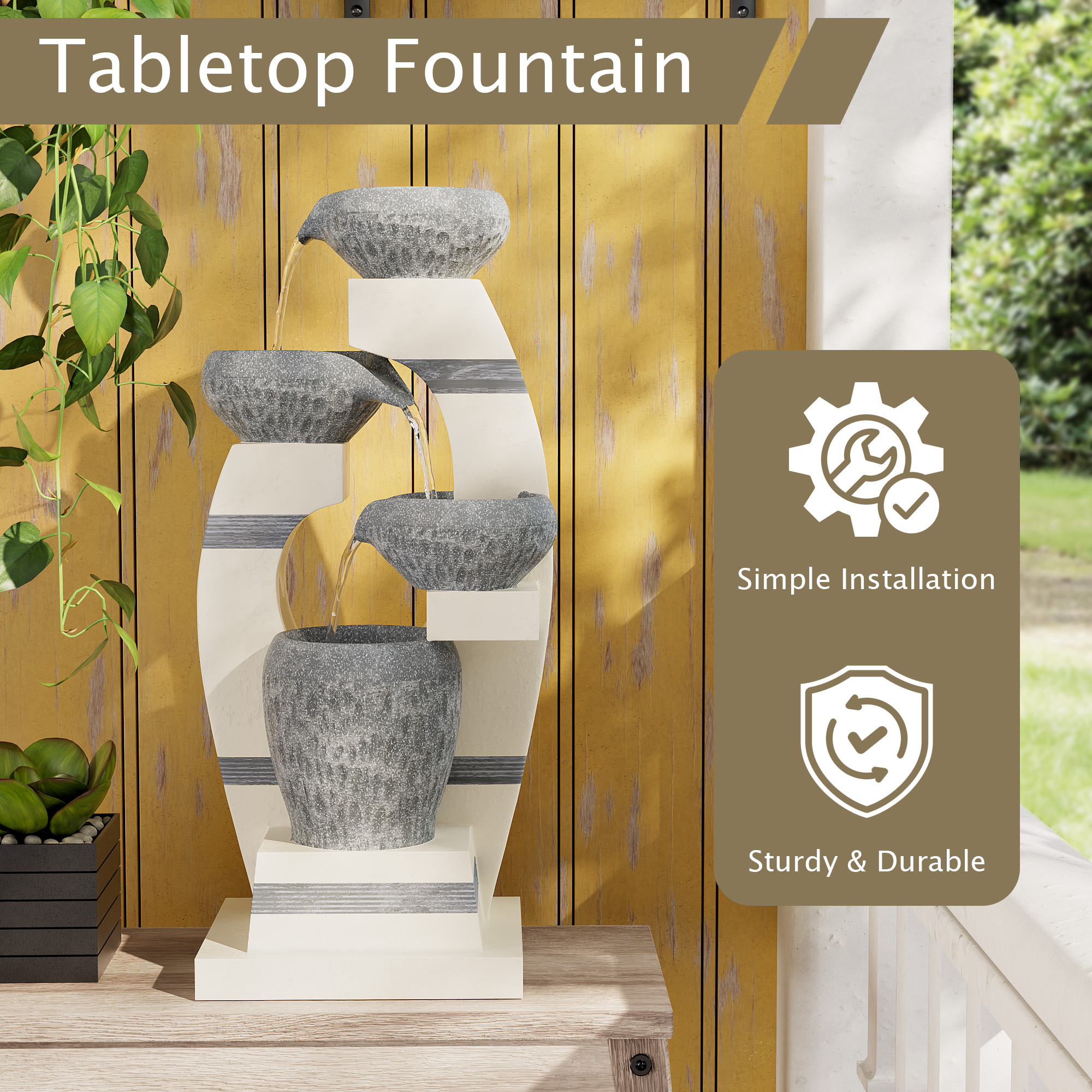 Water Fountains, Outdoor Floor-Standing Garden Waterfall Fountain, 4-Tiered Cascading Resin Fountain for Home Office Patio Yard Decor, Blue and White, 10.1" Lx8.7 Wx21.7 H