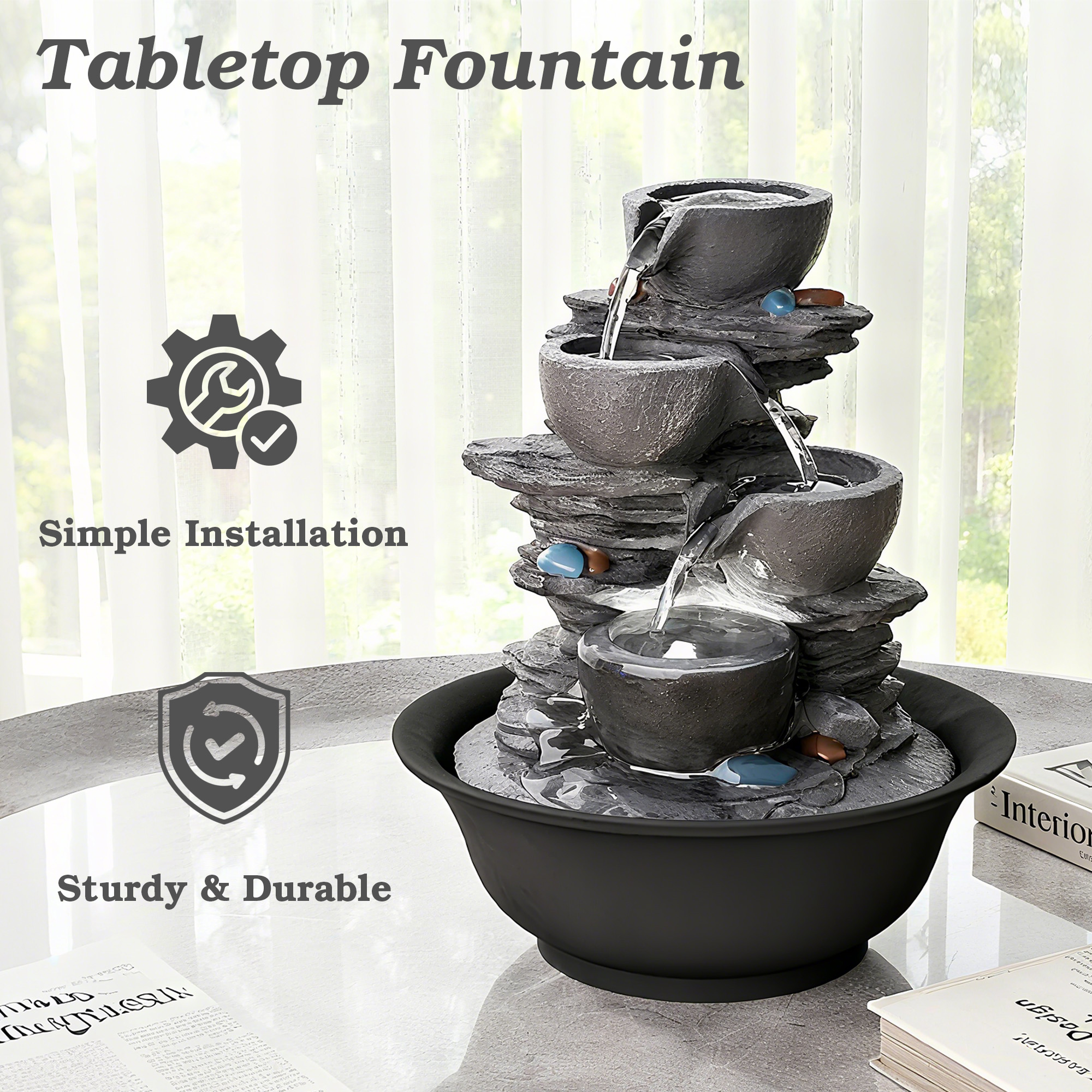 10.6inch Tabletop Fountain, Indoor Waterfall Fountains with LED Light, Realistic Rock Design for Soothing Ambiance in Bedrooms, Living Rooms, Offices, or Meditation Spaces