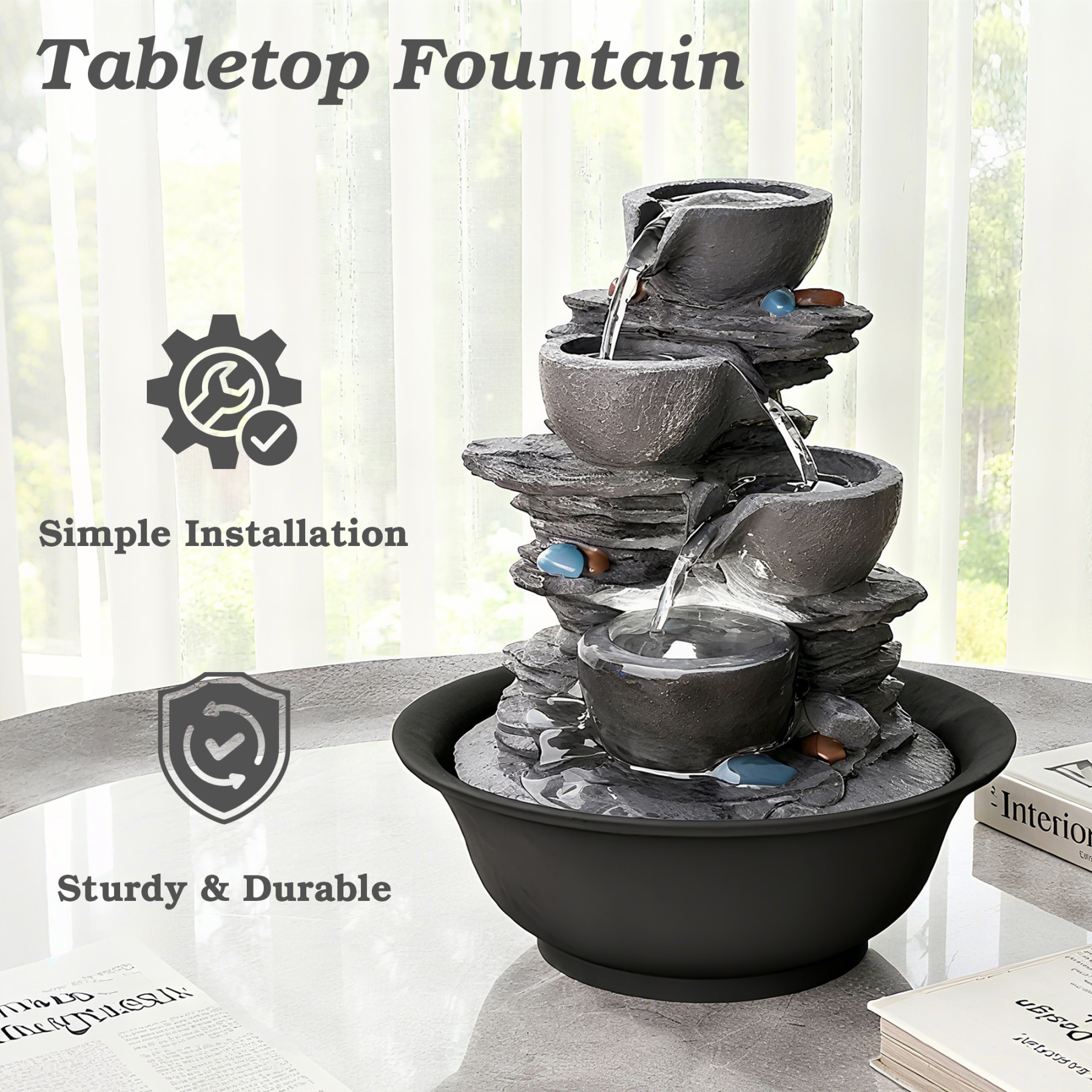 10.6inch Tabletop Fountain, Indoor Waterfall Fountains with LED Light, Realistic Rock Design for Soothing Ambiance in Bedrooms, Living Rooms, Offices, or Meditation Spaces