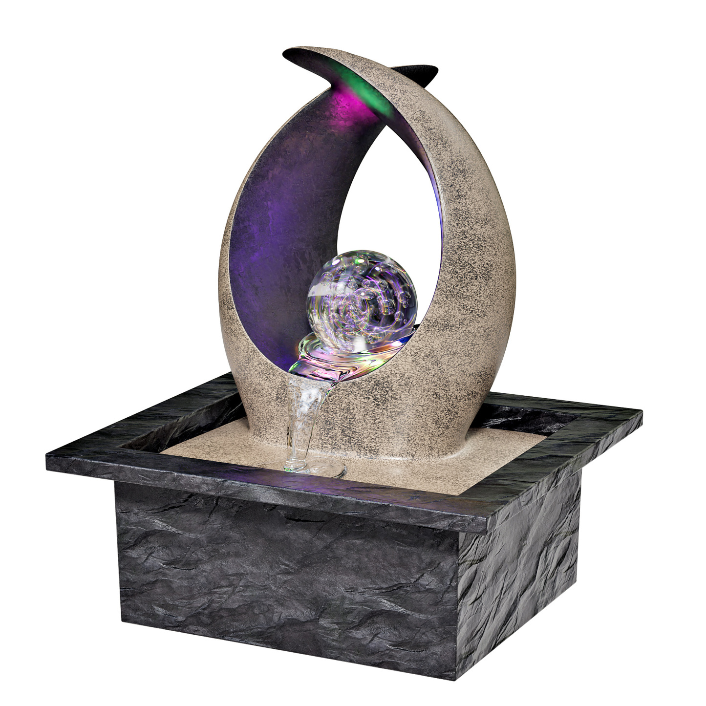 Tabletop Water Fountain, Indoor Desk Waterfall, Meditation Fountain with LED Lights Rolling Ball & Curved Form, Home Office Decor