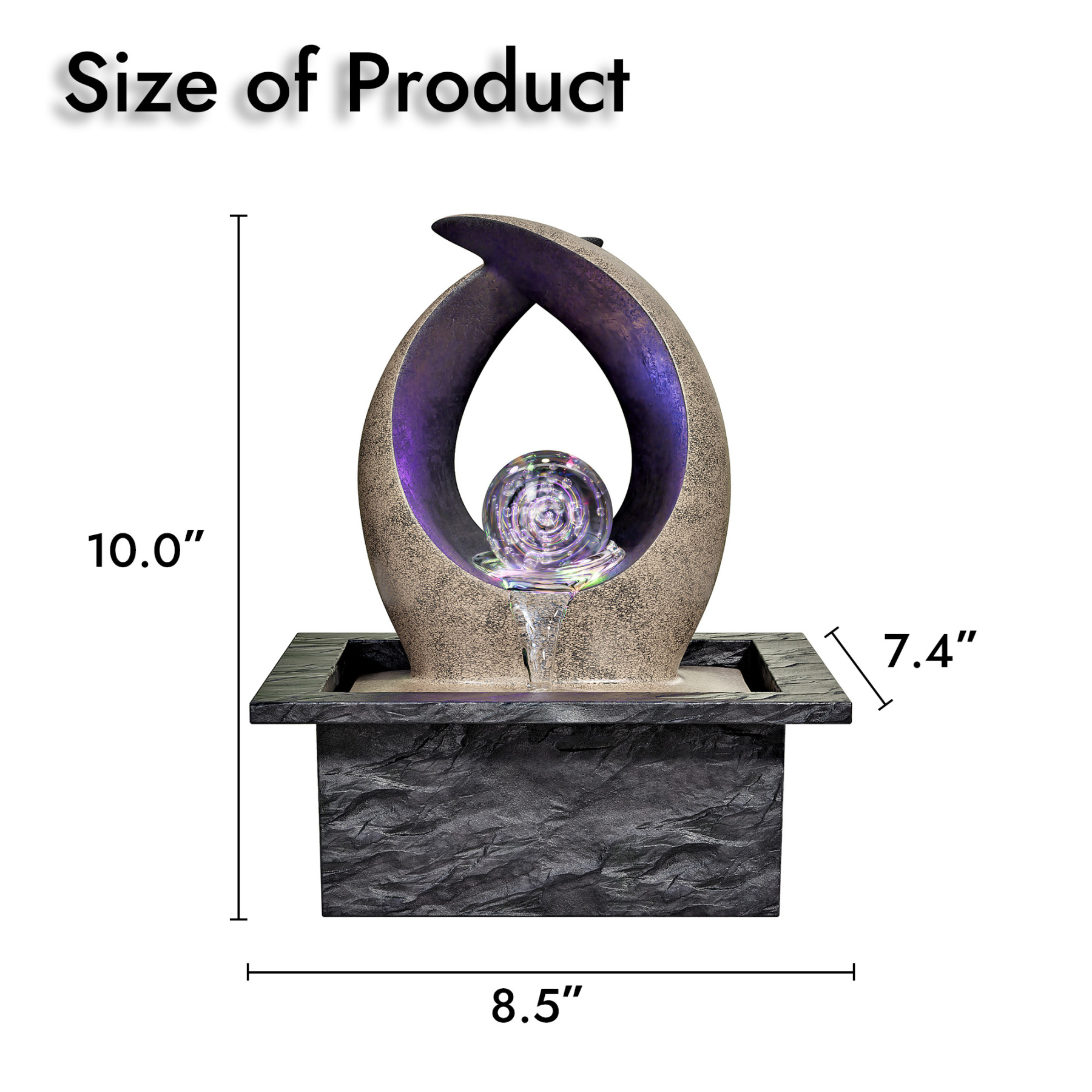 Tabletop Water Fountain, Indoor Desk Waterfall, Meditation Fountain with LED Lights Rolling Ball & Curved Form, Home Office Decor