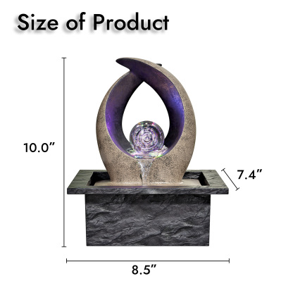 Tabletop Water Fountain, Indoor Desk Waterfall, Meditation Fountain with LED Lights Rolling Ball & Curved Form, Home Office Decor