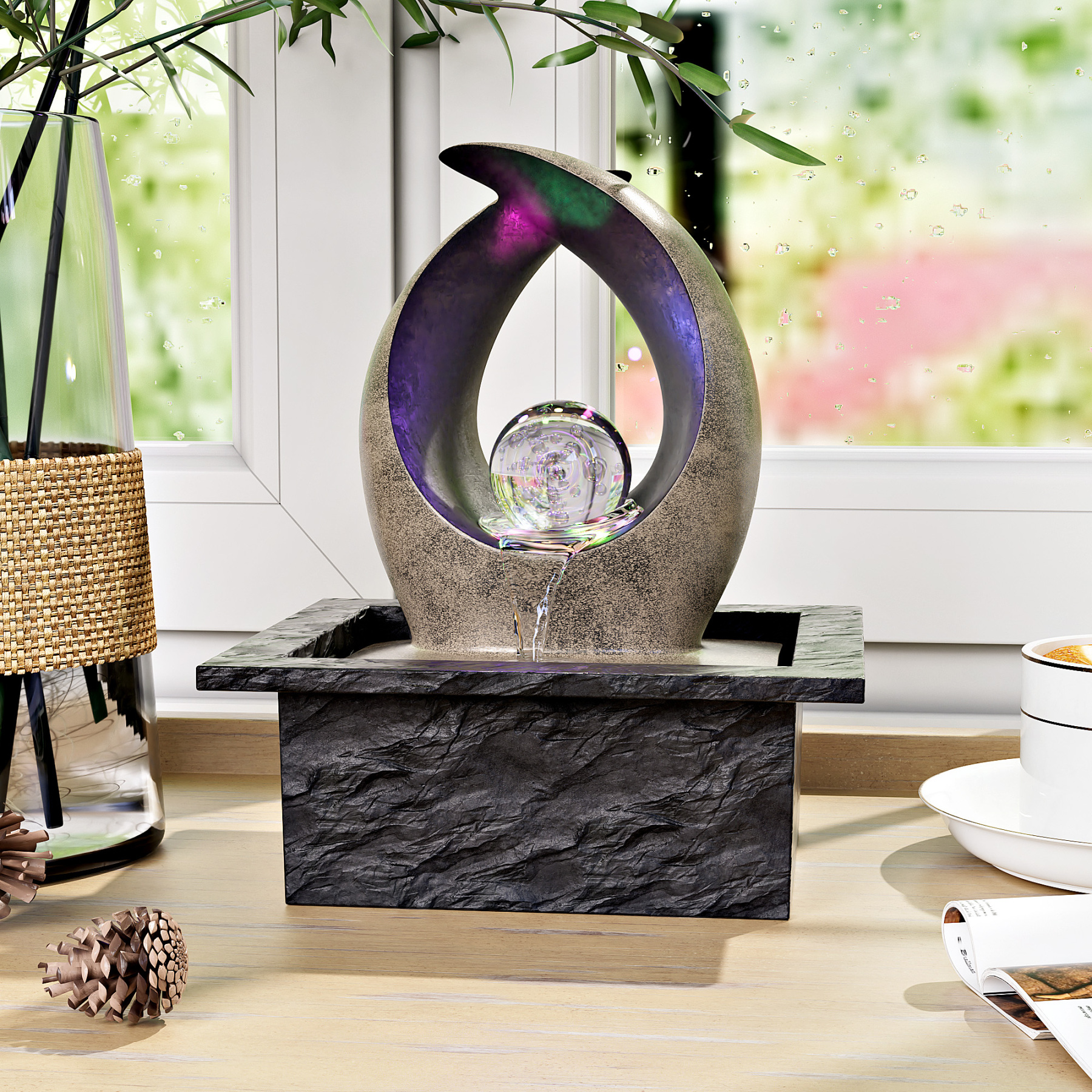 Tabletop Water Fountain, Indoor Desk Waterfall, Meditation Fountain with LED Lights Rolling Ball & Curved Form, Home Office Decor