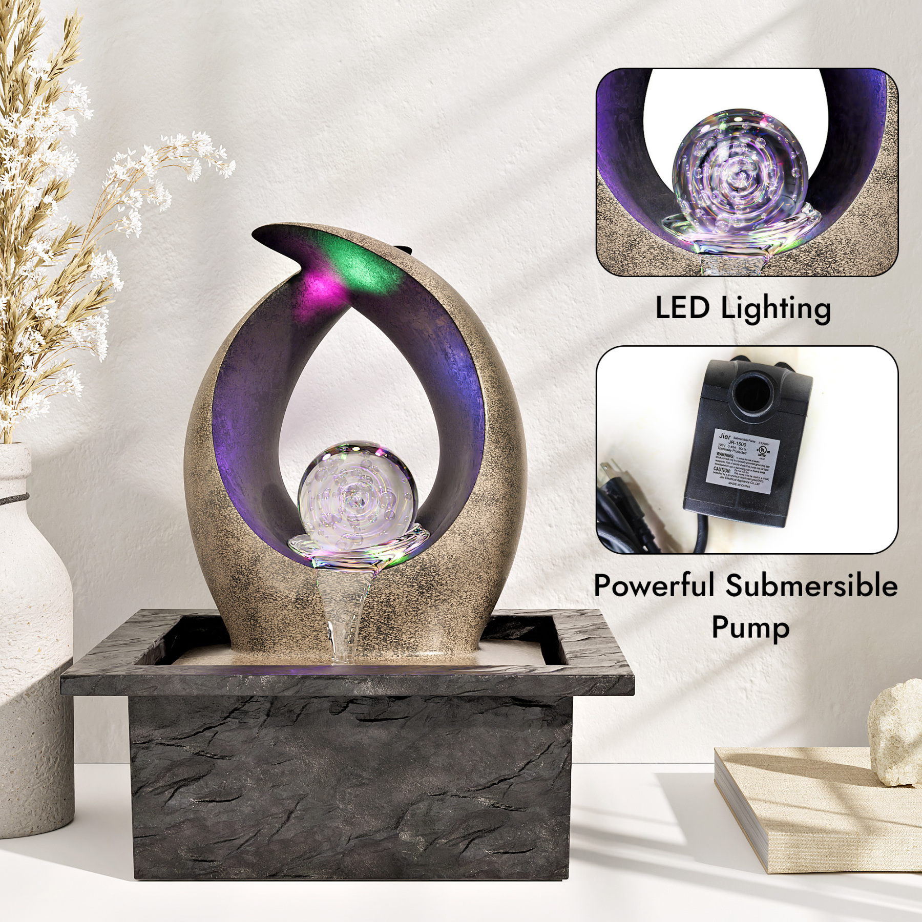 Tabletop Water Fountain, Indoor Desk Waterfall, Meditation Fountain with LED Lights Rolling Ball & Curved Form, Home Office Decor