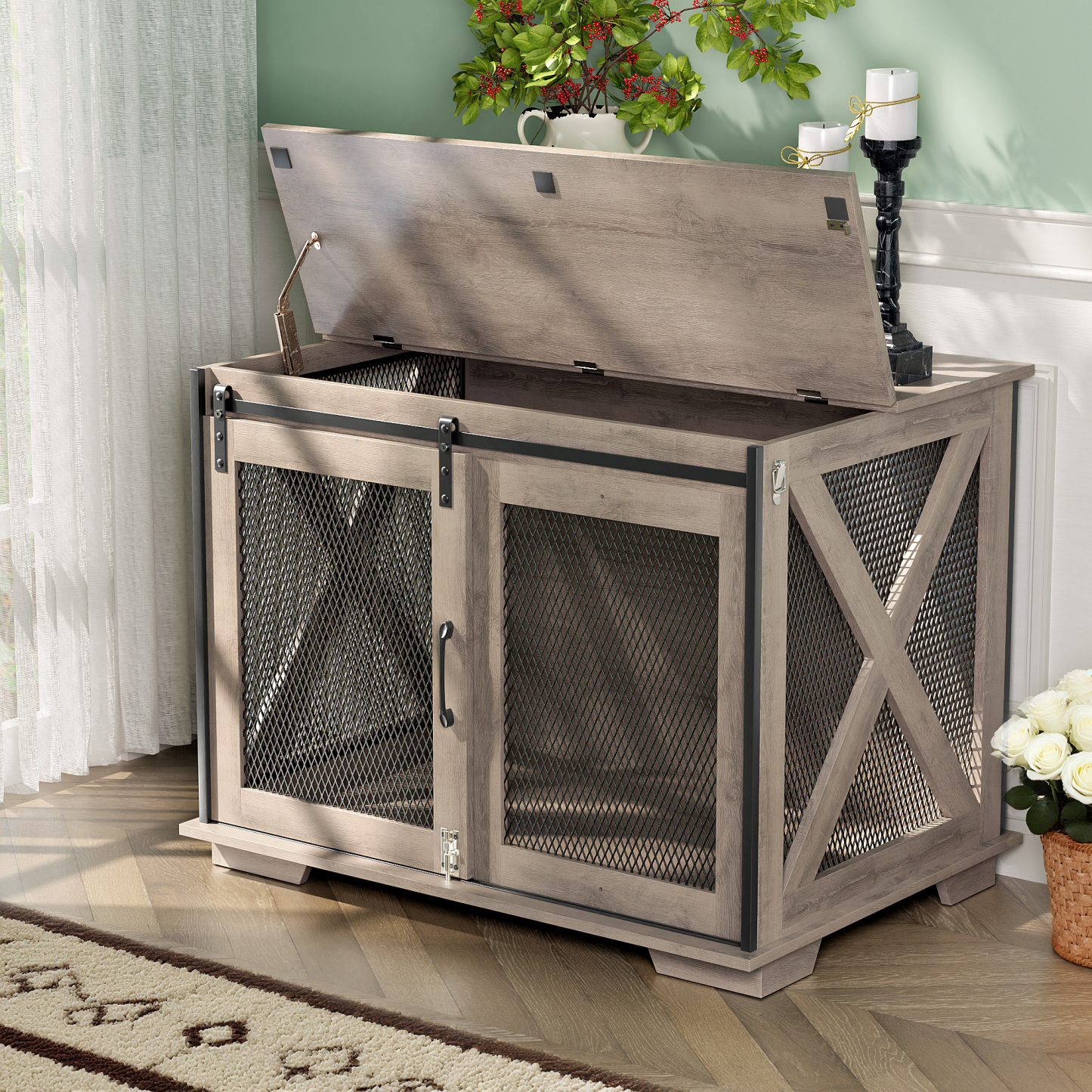 37" Wooden Dog Crate Furniture for Small Medium Dogs, Indoor Heavy Duty Dog Kennel with Sliding Door & Divider, Flip-top Dog Cage TV Stand Table Gray Wash