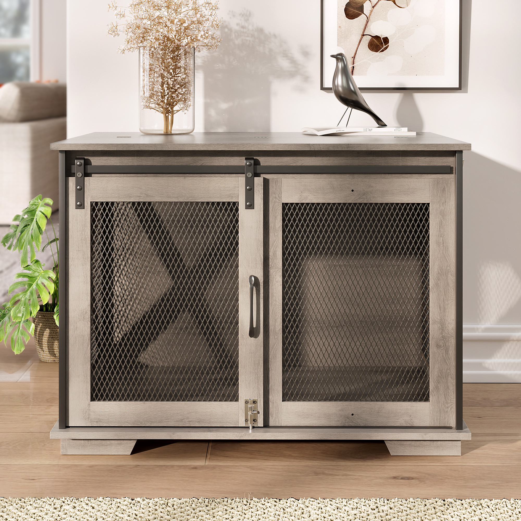 37" Wooden Dog Crate Furniture for Small Medium Dogs, Indoor Heavy Duty Dog Kennel with Sliding Door & Divider, Flip-top Dog Cage TV Stand Table Gray Wash