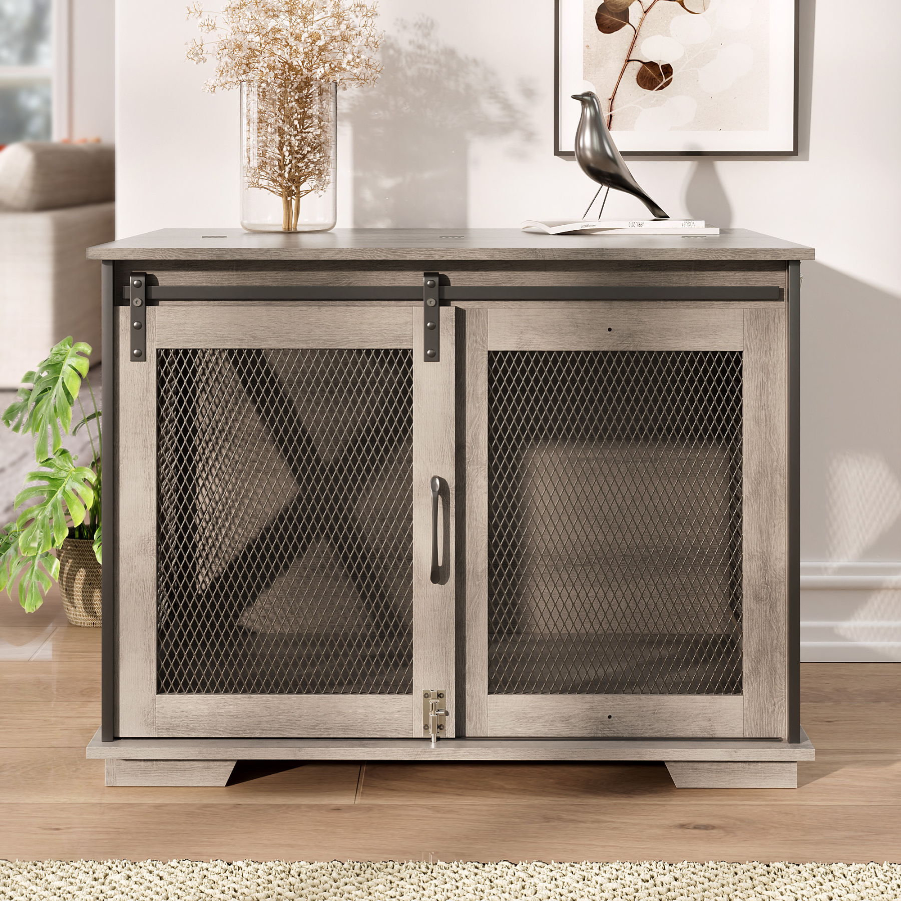 37" Wooden Dog Crate Furniture for Small Medium Dogs, Indoor Heavy Duty Dog Kennel with Sliding Door & Divider, Flip-top Dog Cage TV Stand Table Gray Wash