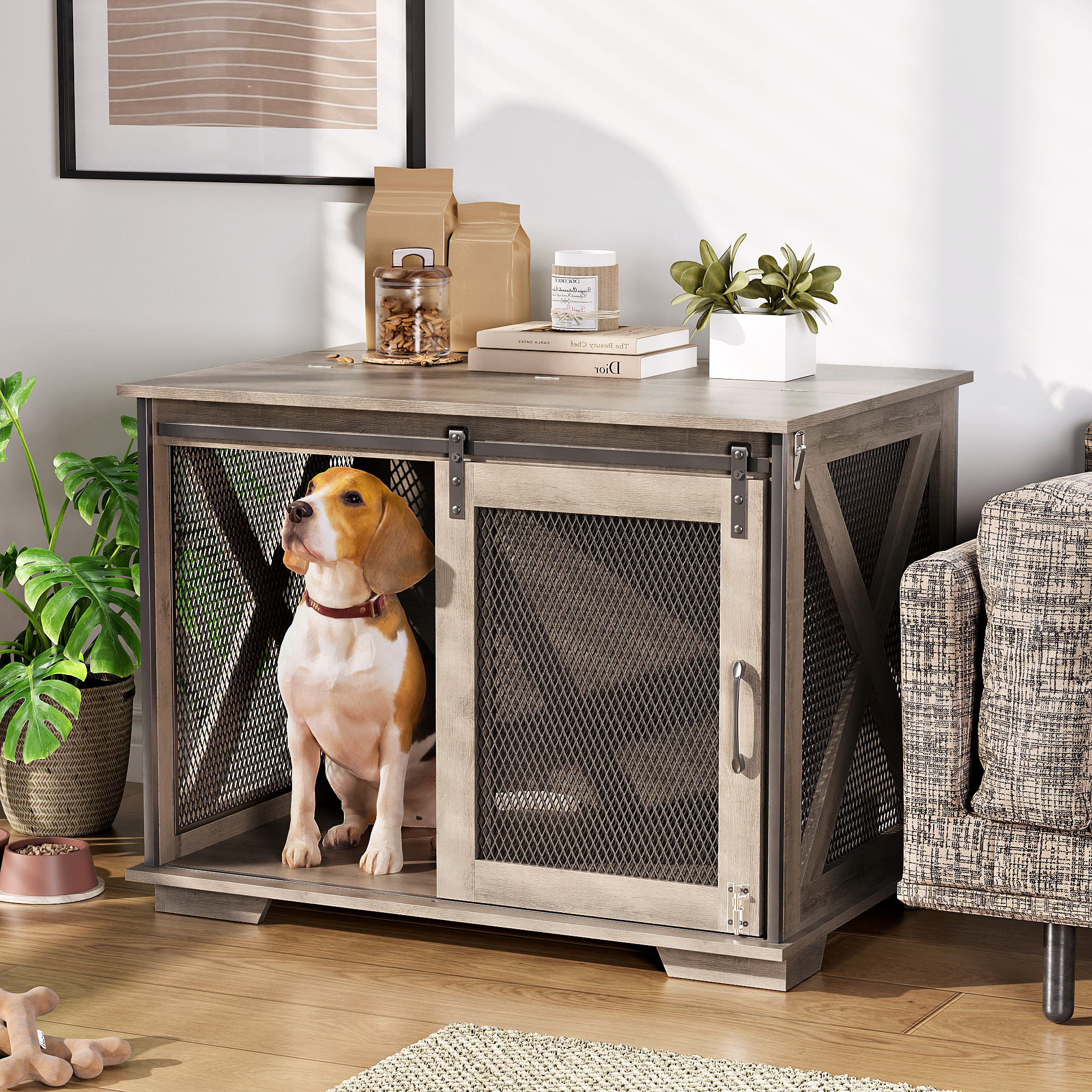 37" Wooden Dog Crate Furniture for Small Medium Dogs, Indoor Heavy Duty Dog Kennel with Sliding Door & Divider, Flip-top Dog Cage TV Stand Table Gray Wash