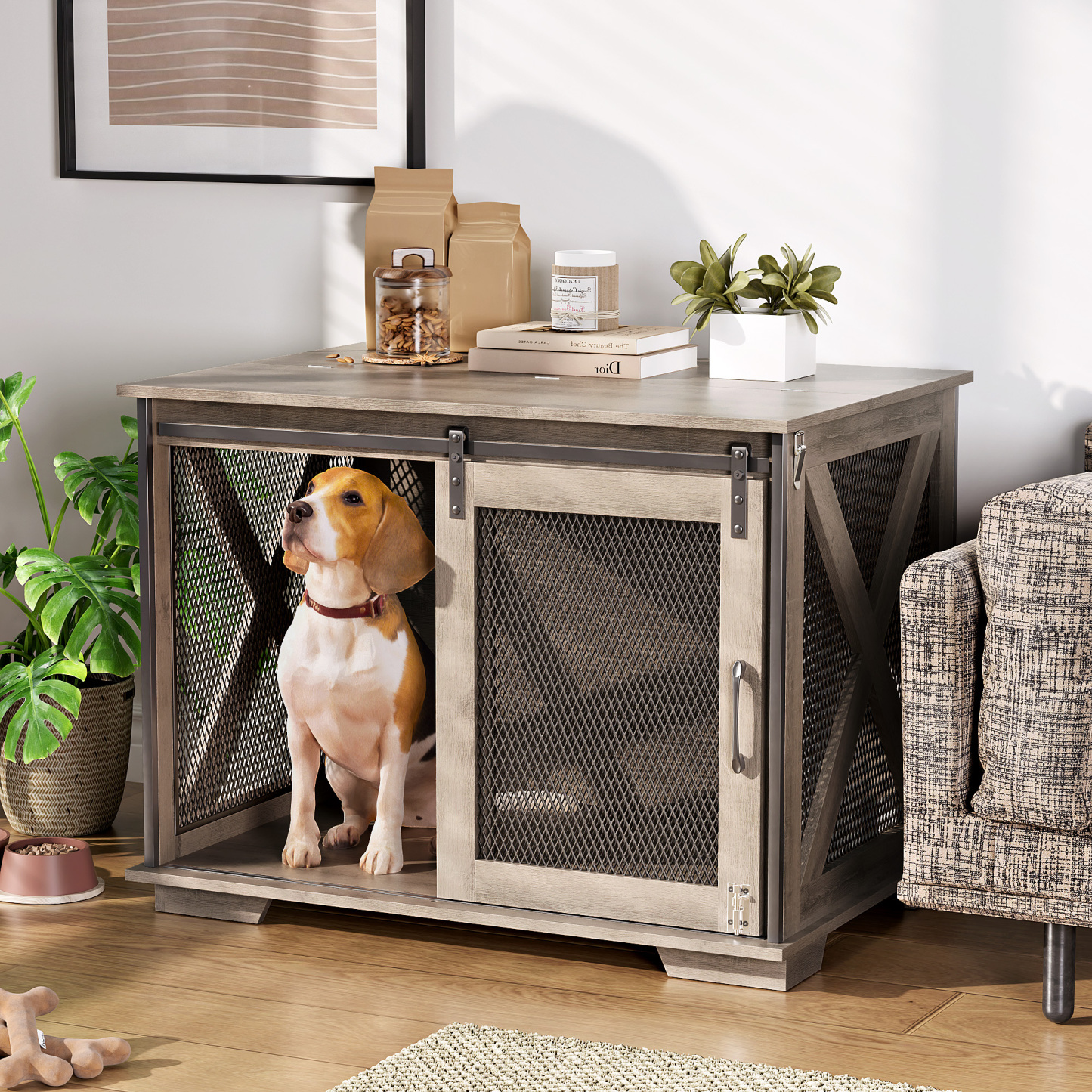 37" Wooden Dog Crate Furniture for Small Medium Dogs, Indoor Heavy Duty Dog Kennel with Sliding Door & Divider, Flip-top Dog Cage TV Stand Table Gray Wash