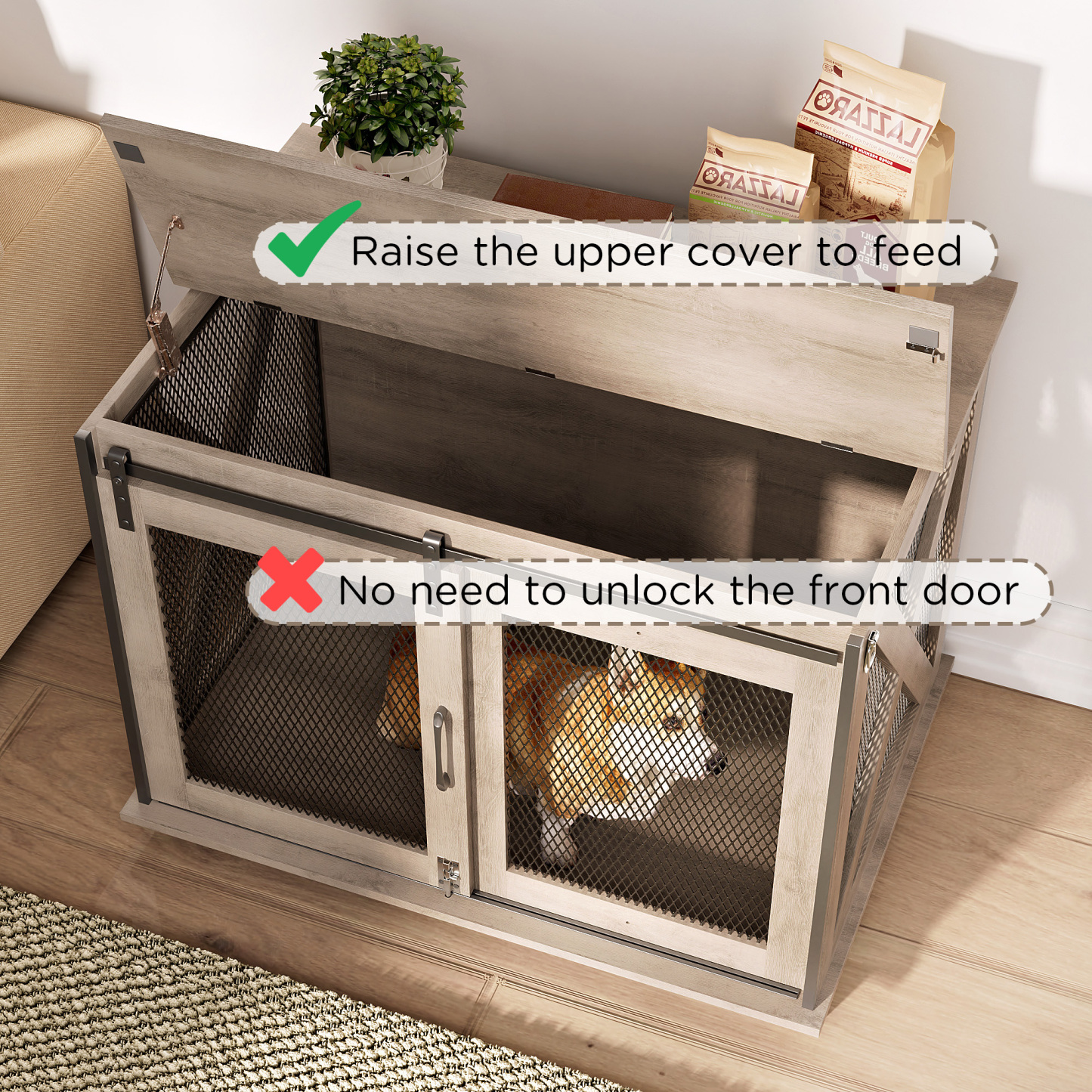 37" Wooden Dog Crate Furniture for Small Medium Dogs, Indoor Heavy Duty Dog Kennel with Sliding Door & Divider, Flip-top Dog Cage TV Stand Table Gray Wash