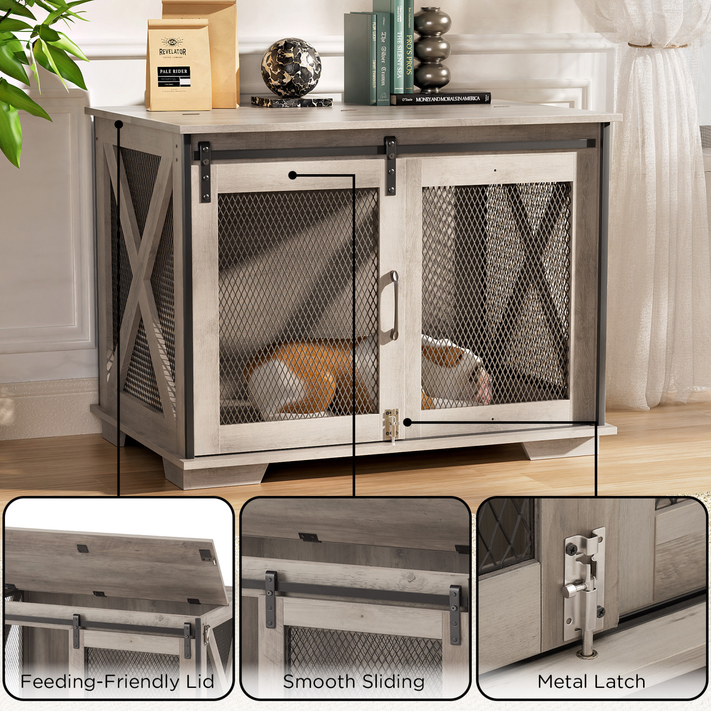 37" Wooden Dog Crate Furniture for Small Medium Dogs, Indoor Heavy Duty Dog Kennel with Sliding Door & Divider, Flip-top Dog Cage TV Stand Table Gray Wash